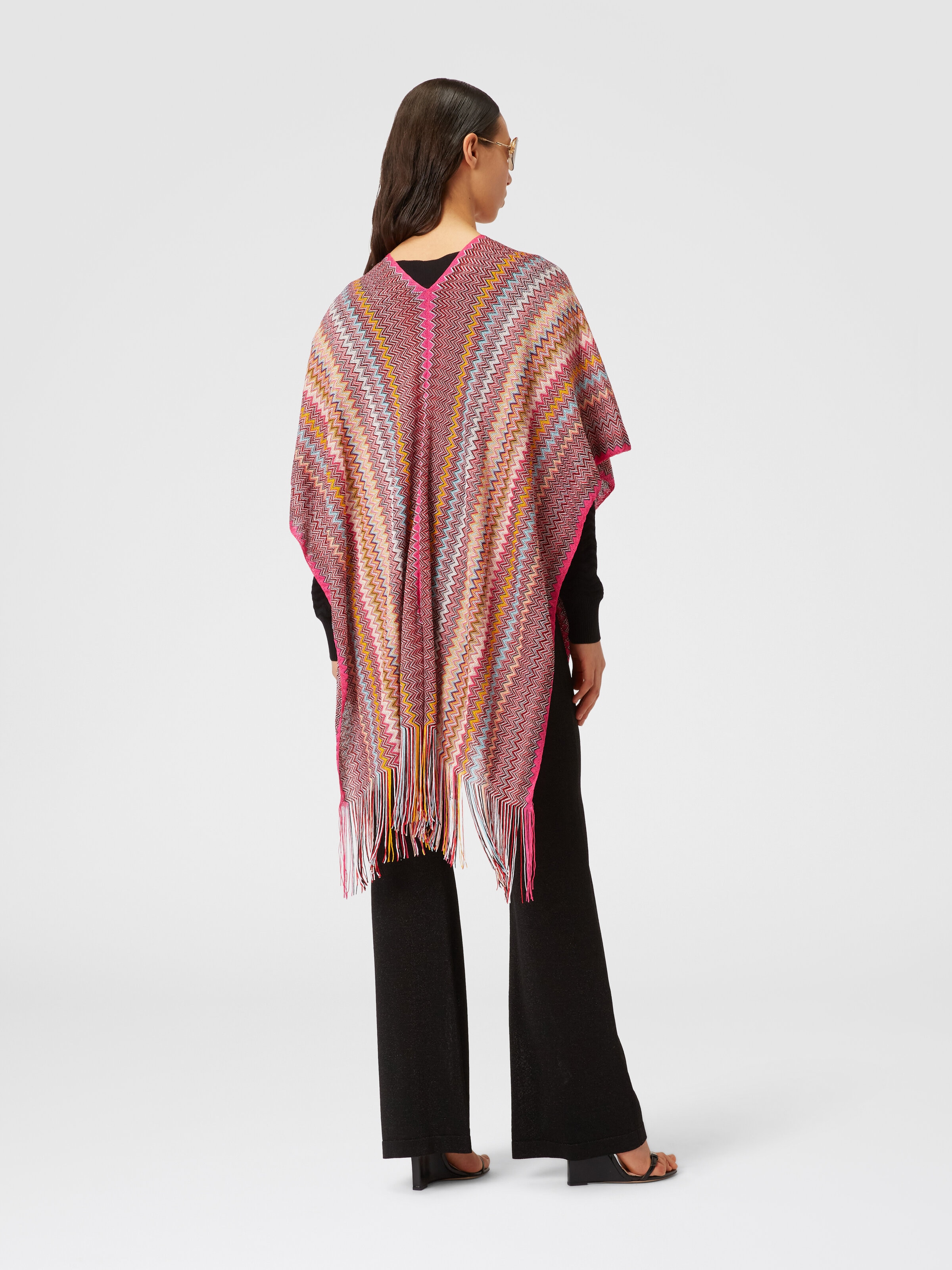 Poncho in zigzag viscose knit with fringes, Multicoloured  - 2