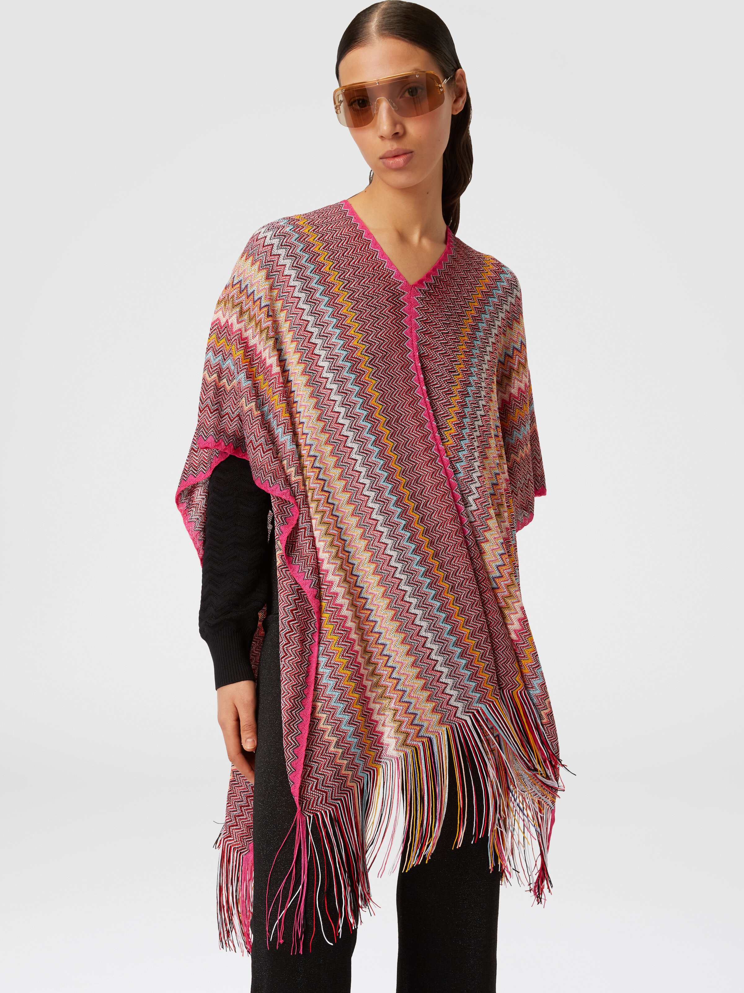 Poncho in zigzag viscose knit with fringes, Multicoloured  - 3