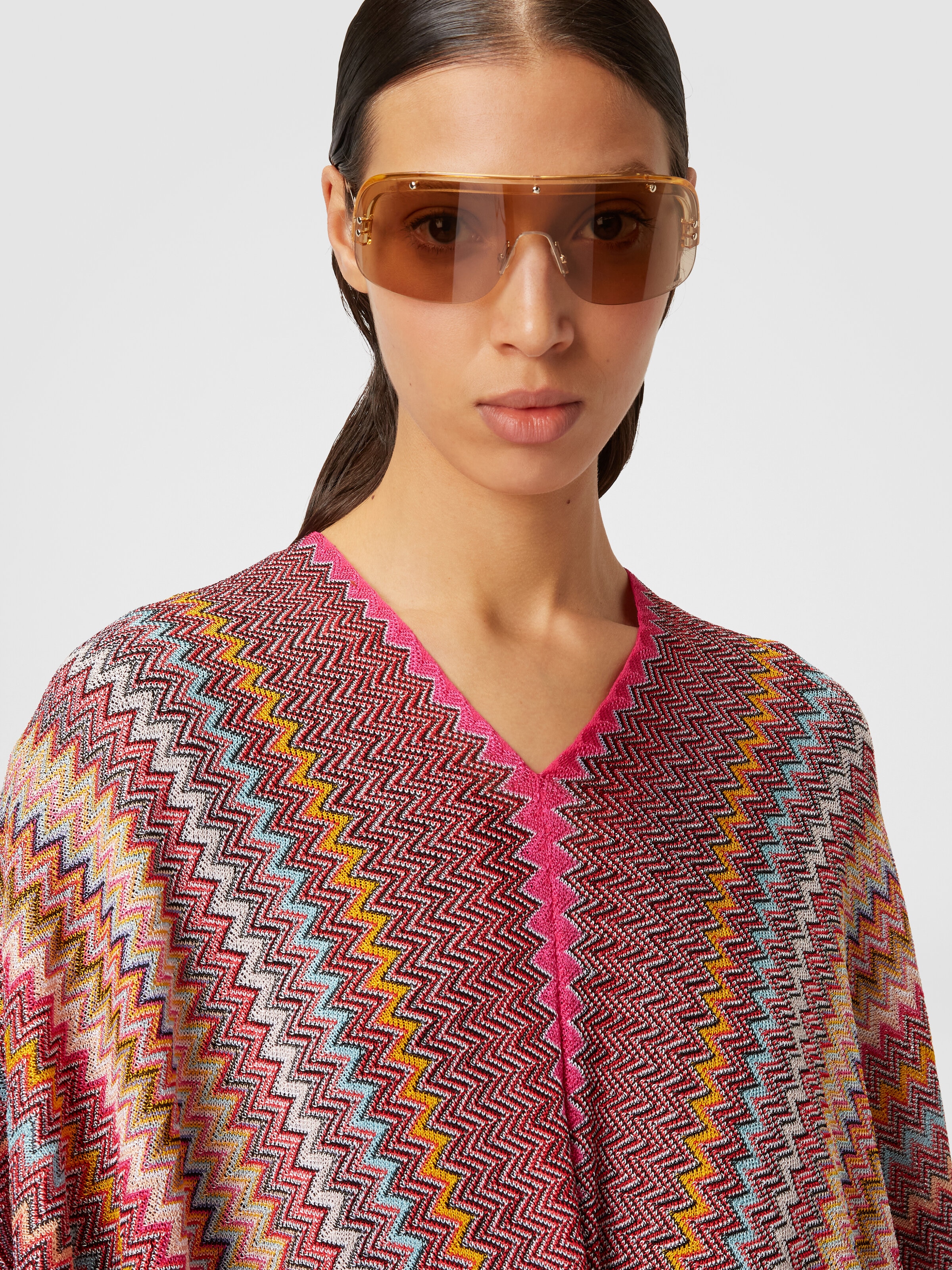 Poncho in zigzag viscose knit with fringes, Multicoloured  - 4