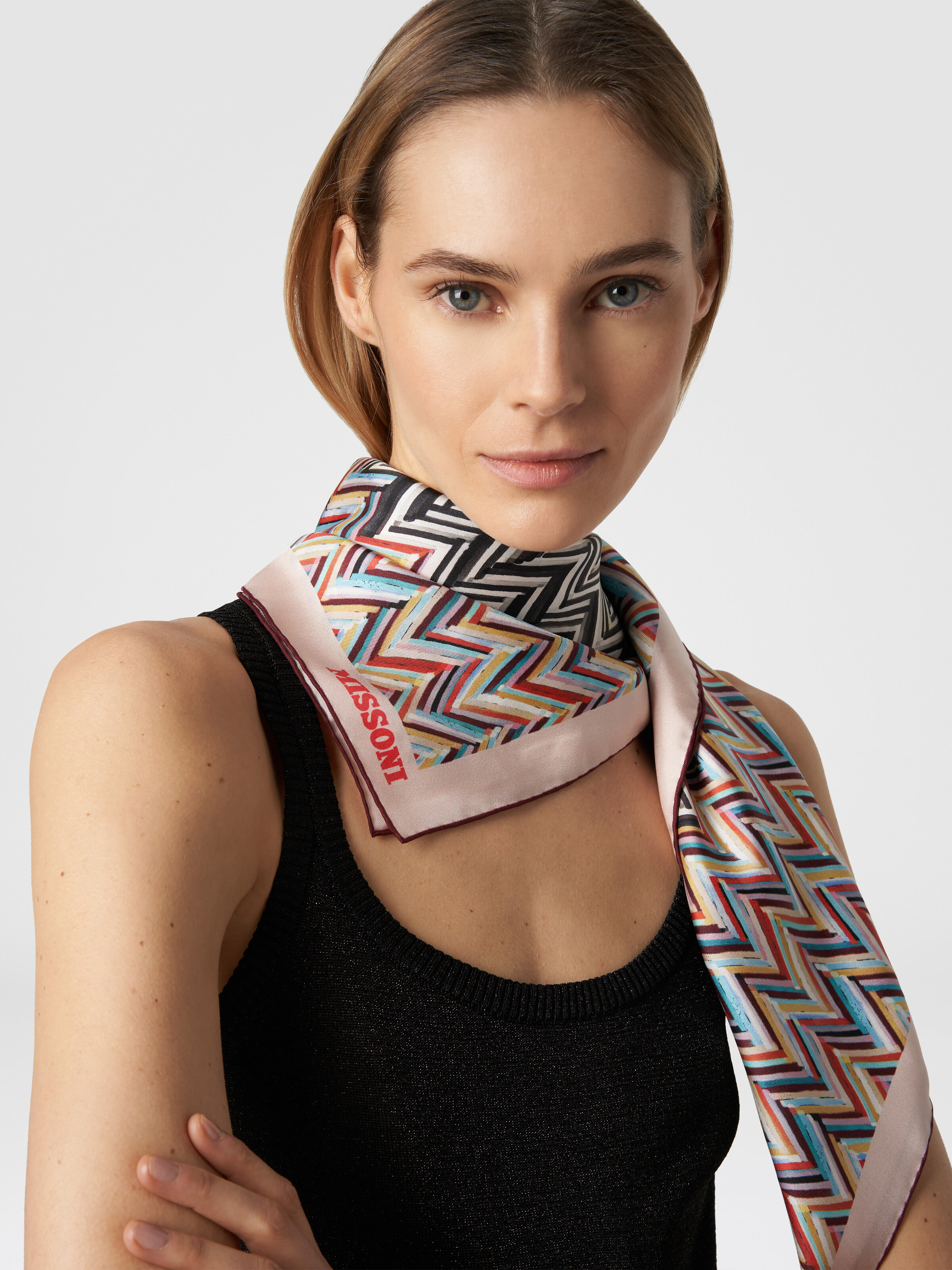 Silk foulard scarf knitted with multiple techniques