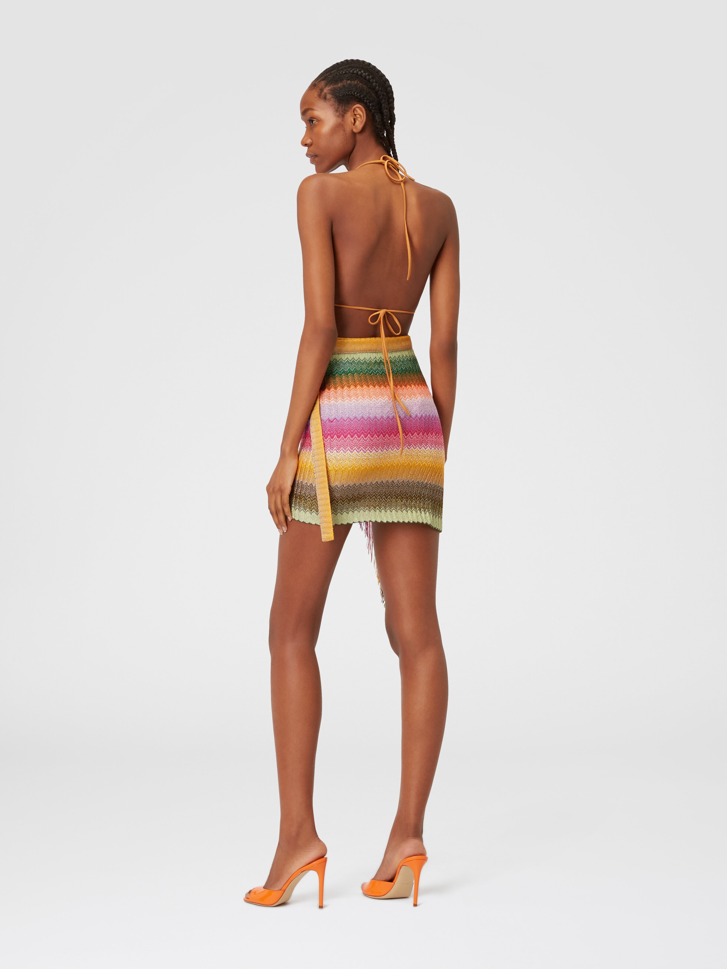 Viscose chevron knit sarong with fringes, Multicoloured  - 2