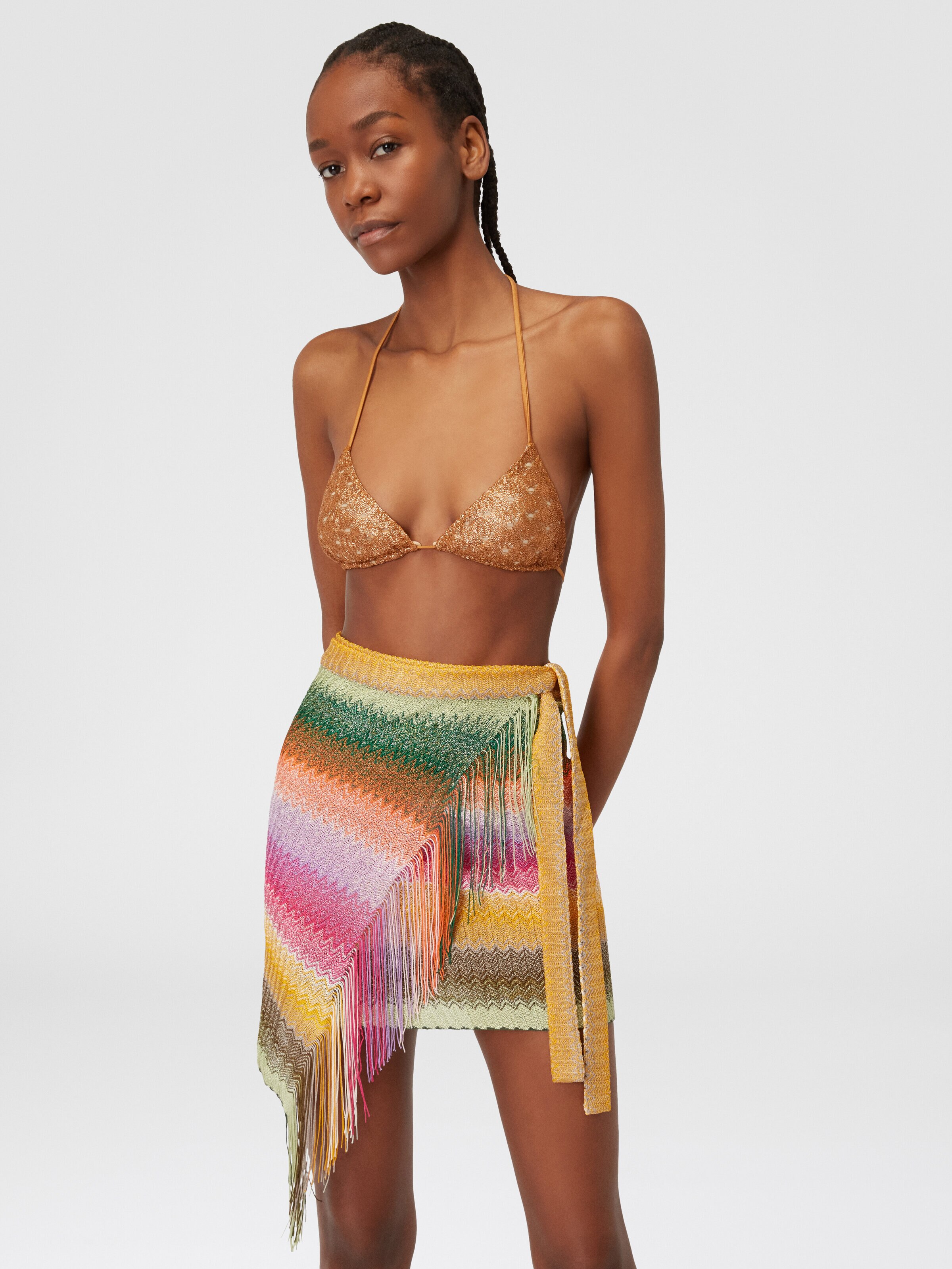 Viscose chevron knit sarong with fringes, Multicoloured  - 3