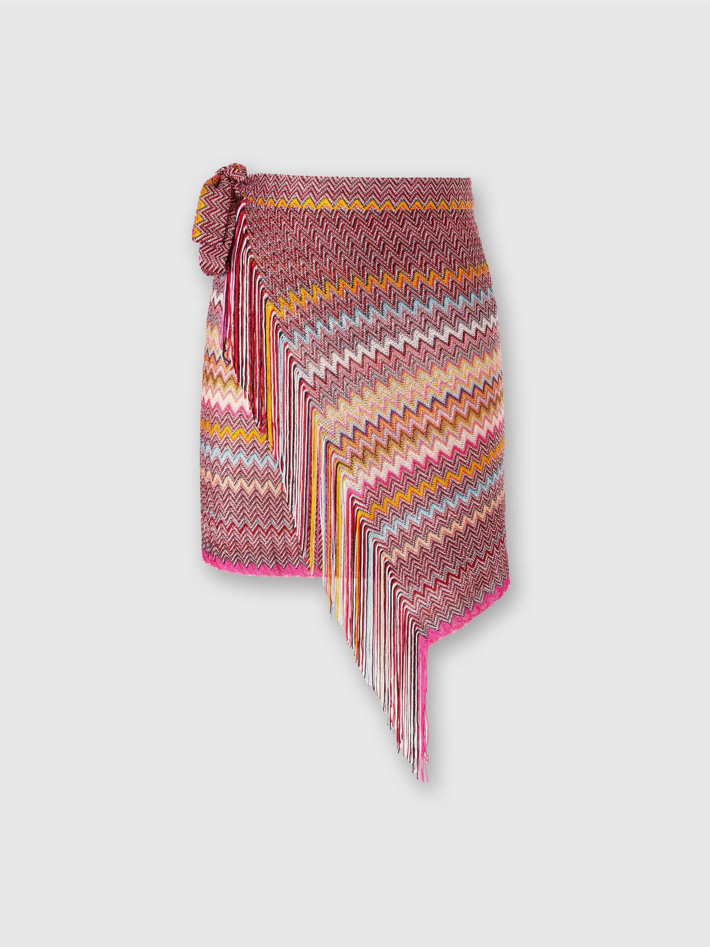 Zigzag viscose knit sarong with fringes, Multicoloured  - 0