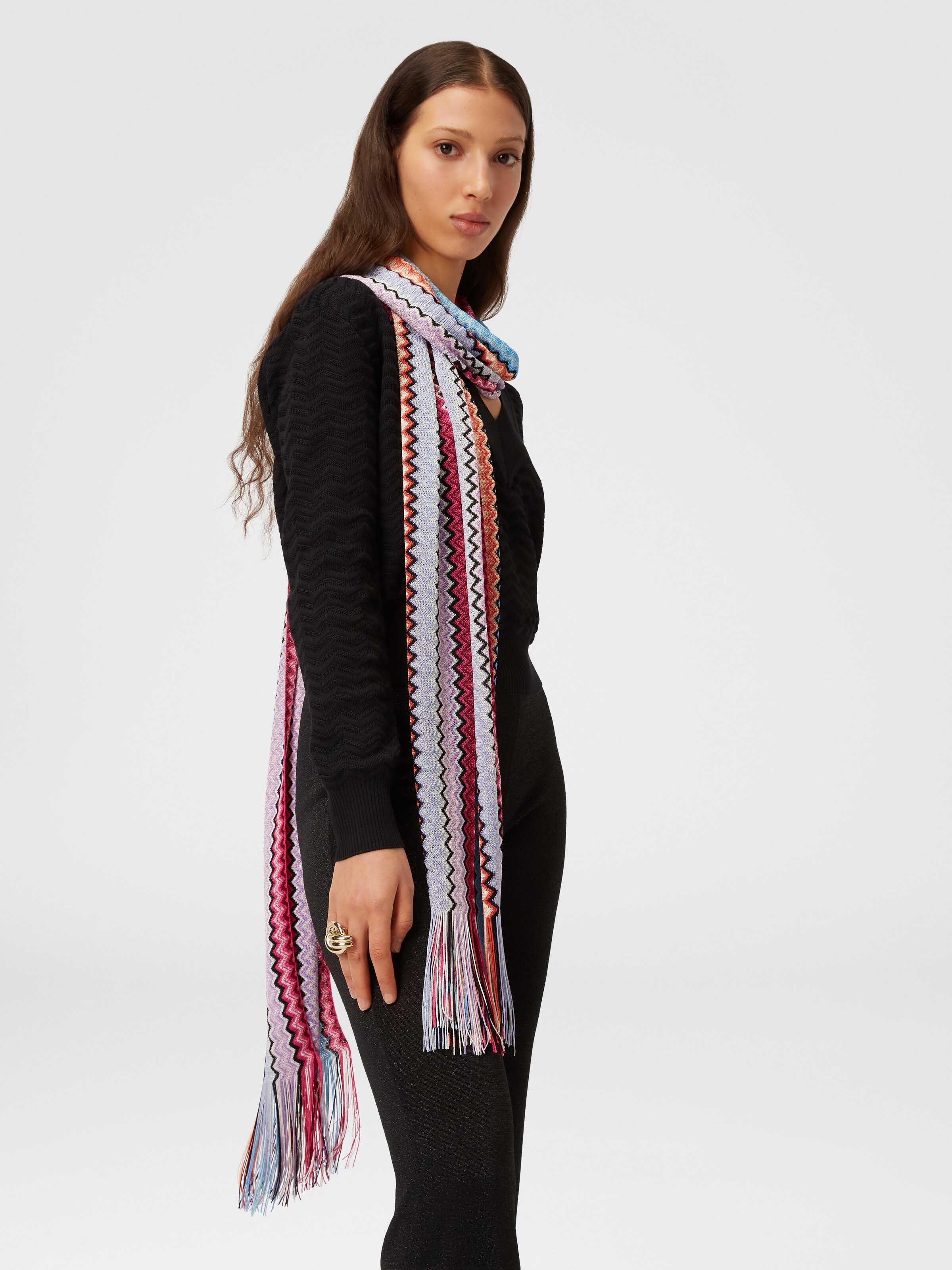 Viscose zigzag scarf with fringes, Multicoloured  - 2