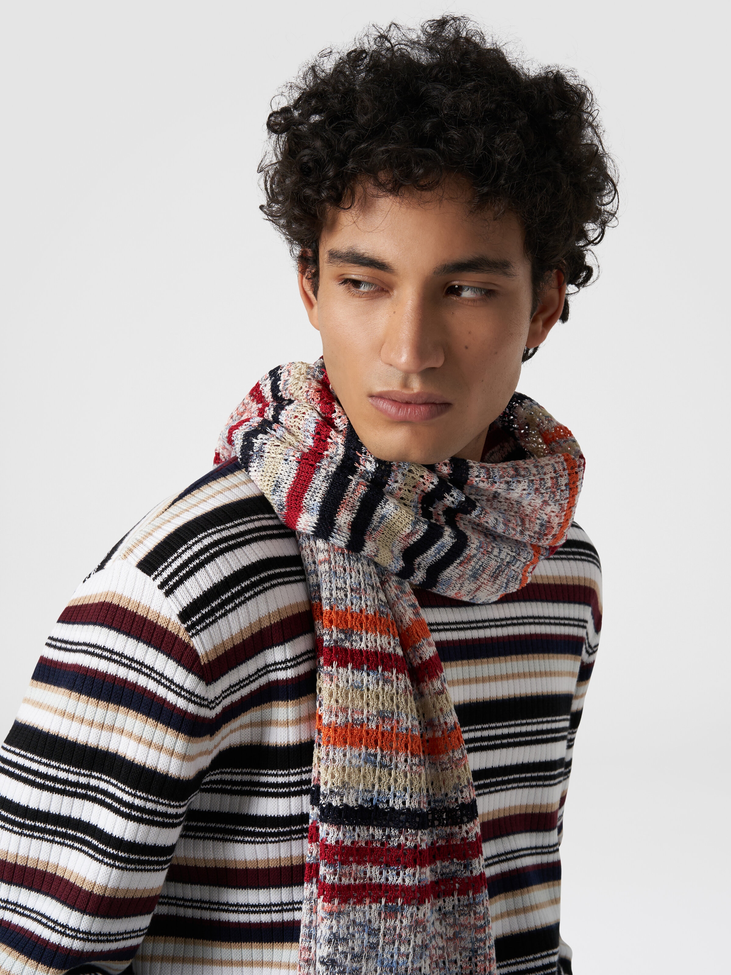 Slub cotton scarf with striped pattern, Multicoloured  - 2