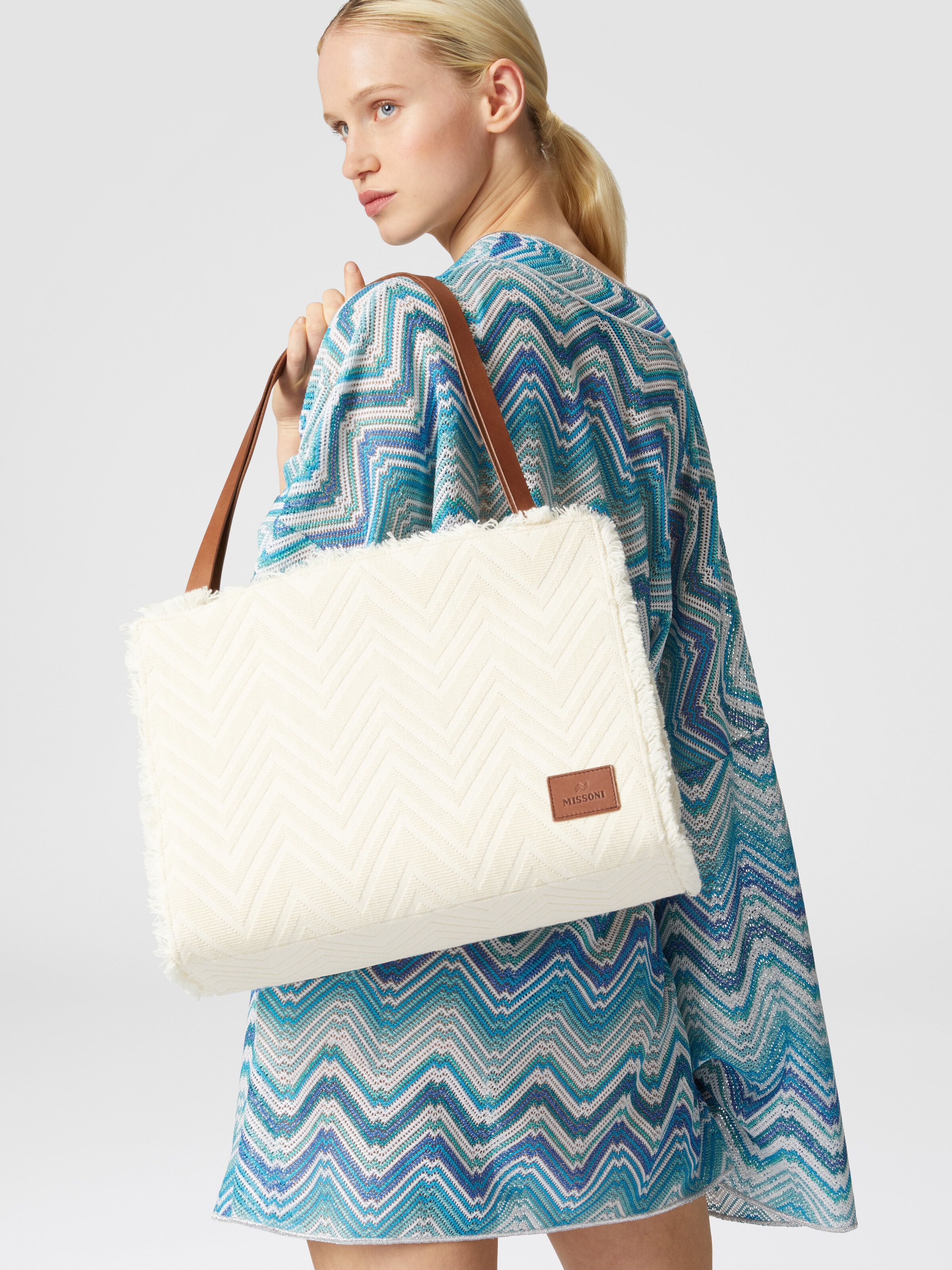 Tote bag in cotton blend with chevron pattern, Brown - 4
