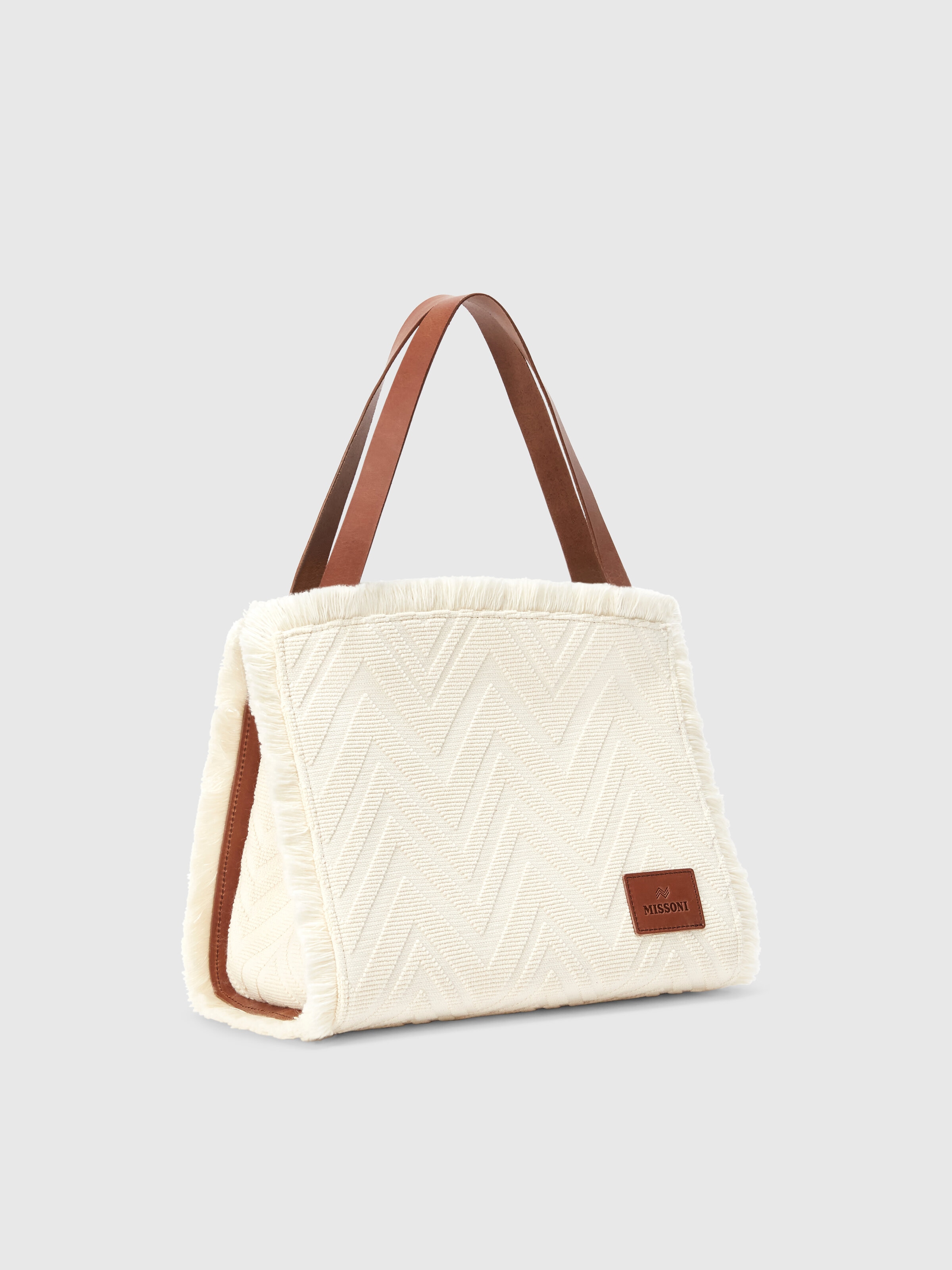 Tote bag in cotton blend with chevron pattern, Brown - 1