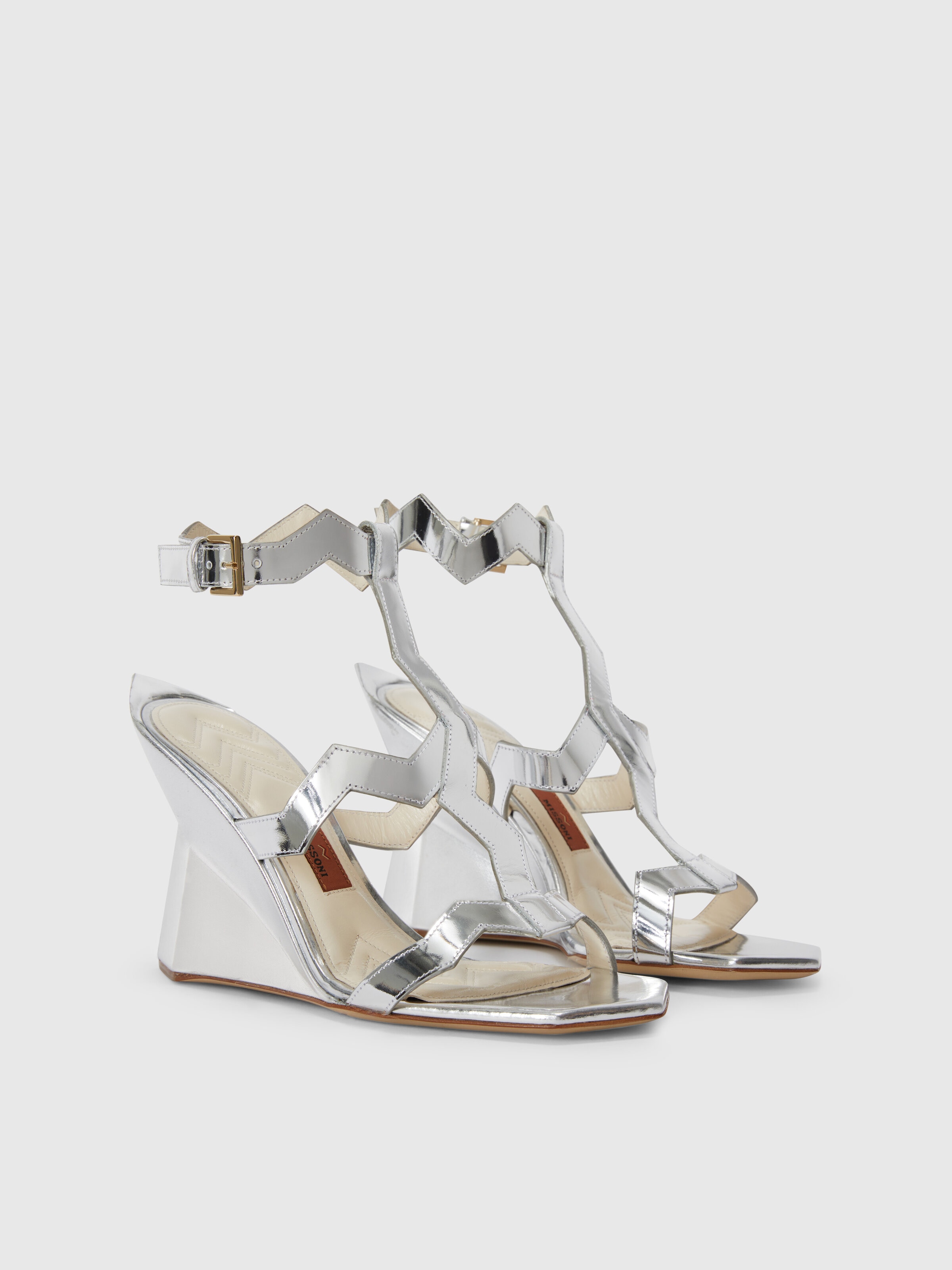 Sandals with double strap in patent leather with mirror effect, Silver - 1