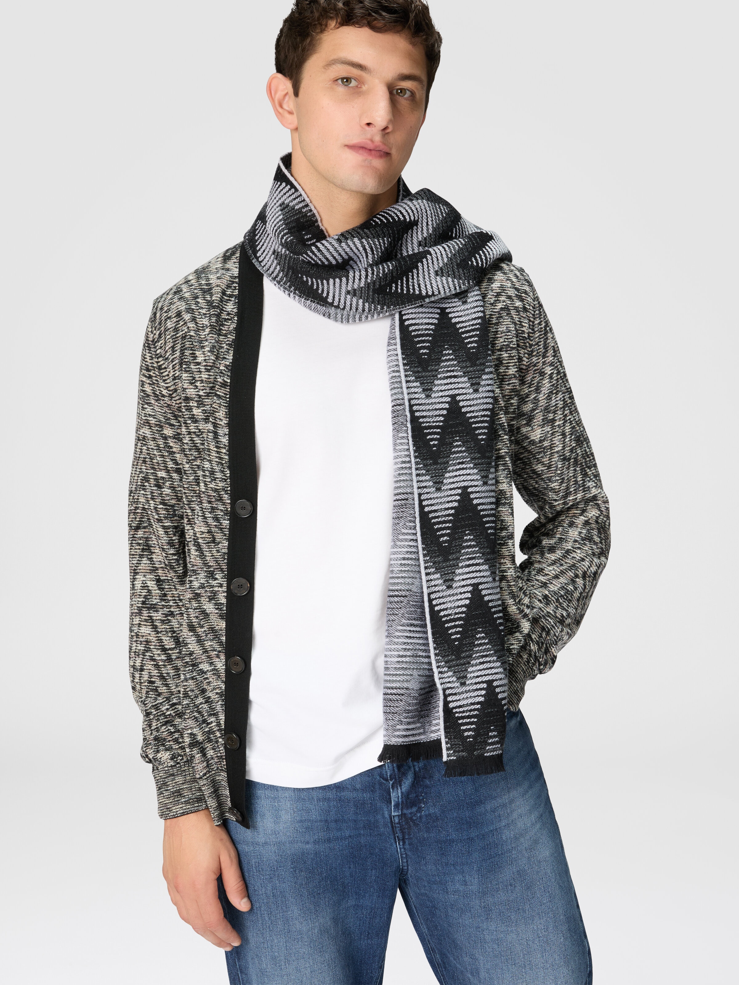 Zig zag wool scarf with logo, Multicoloured  - 2