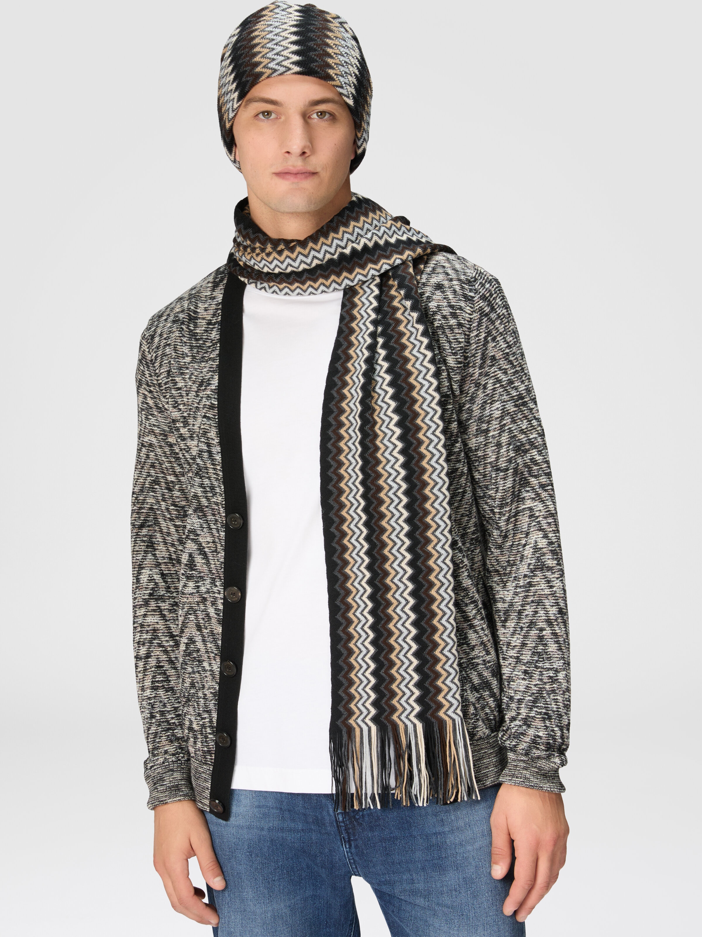 Zig zag wool shawl with fringes, Multicoloured  - 2
