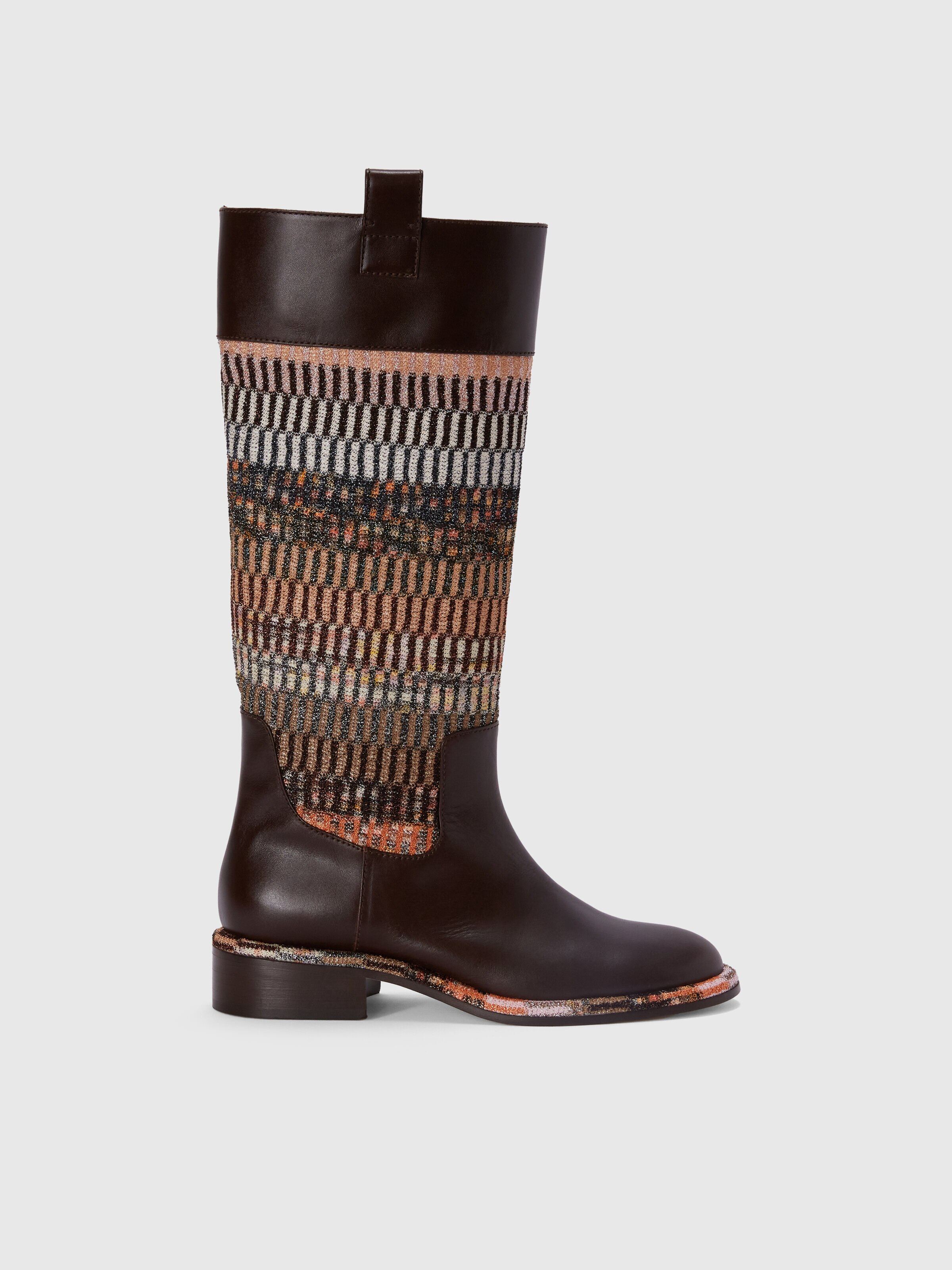 Leather boots with lamé fabric insert, Brown - 0