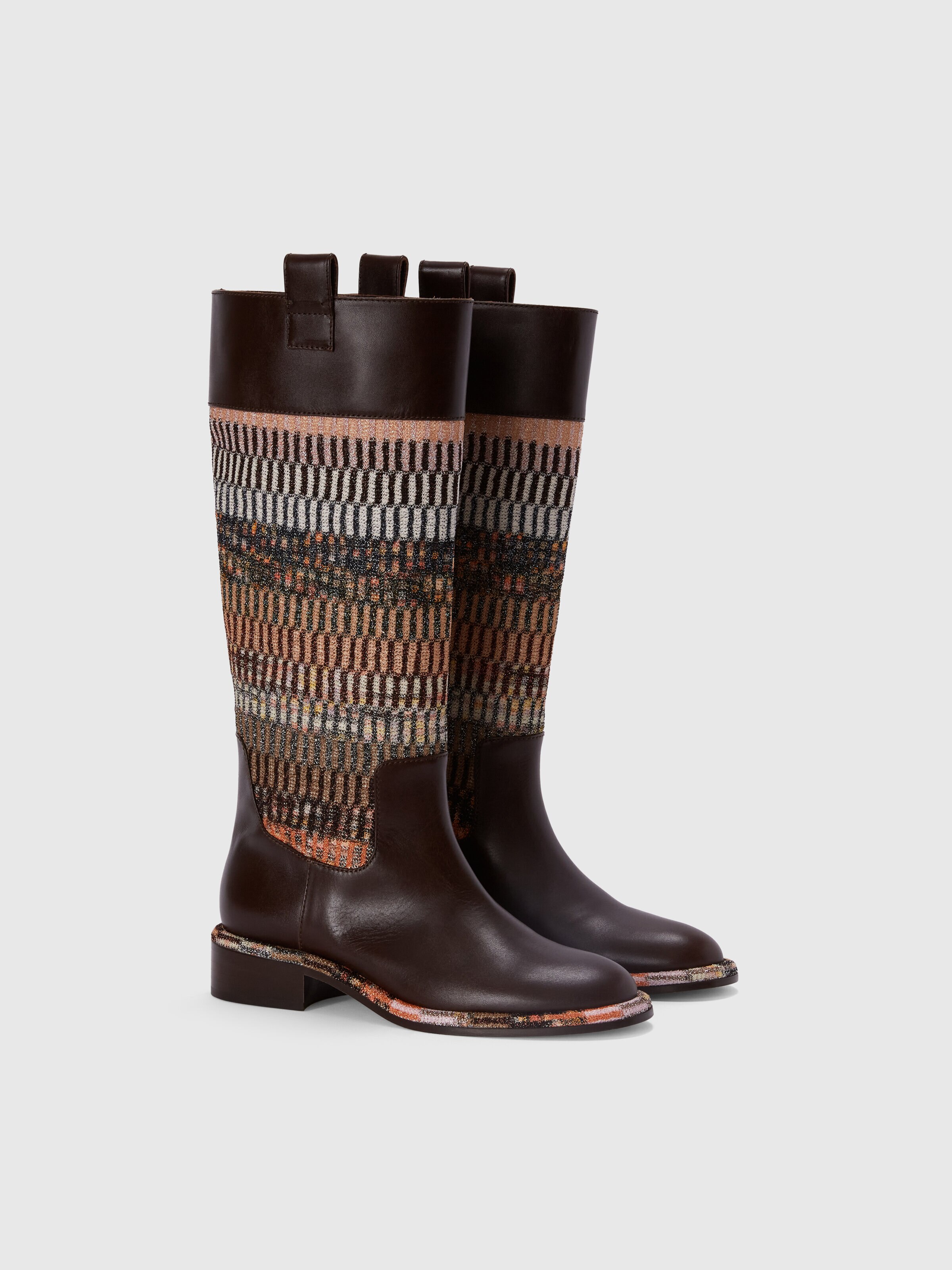 Leather boots with lamé fabric insert, Brown - 1