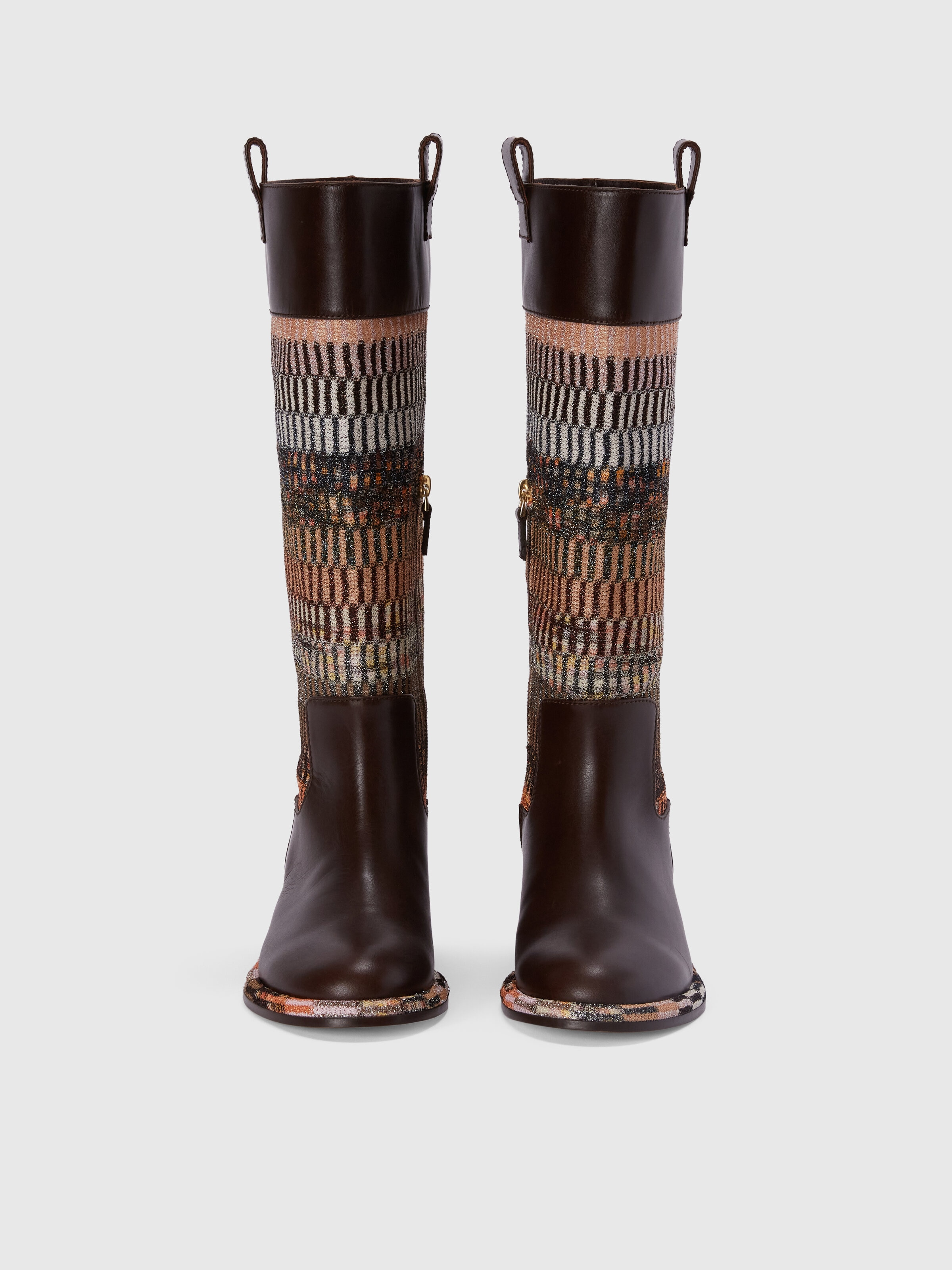 Leather boots with lamé fabric insert, Brown - 2