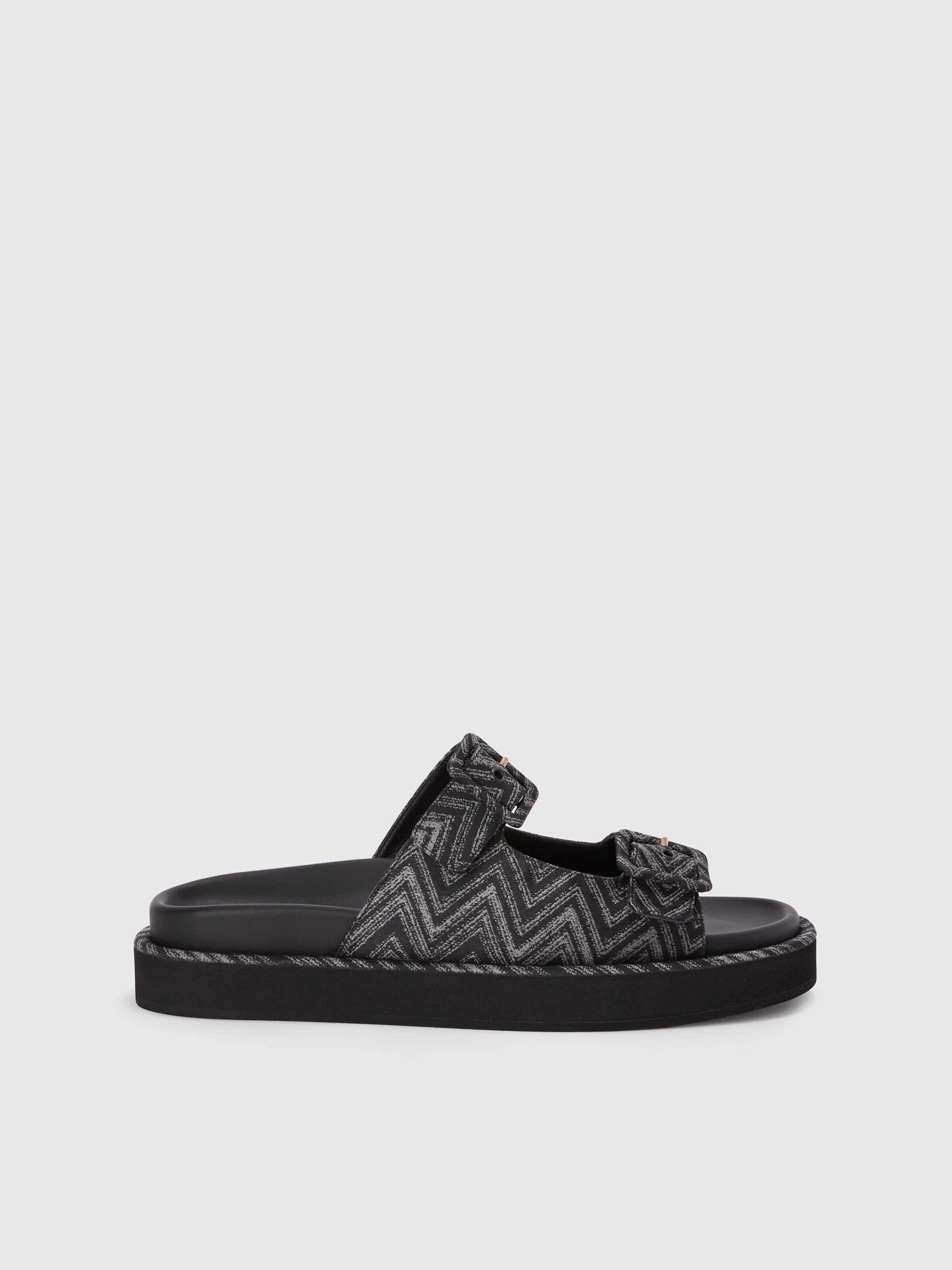 Sandals with double band in zig zag fabric, Black - 0