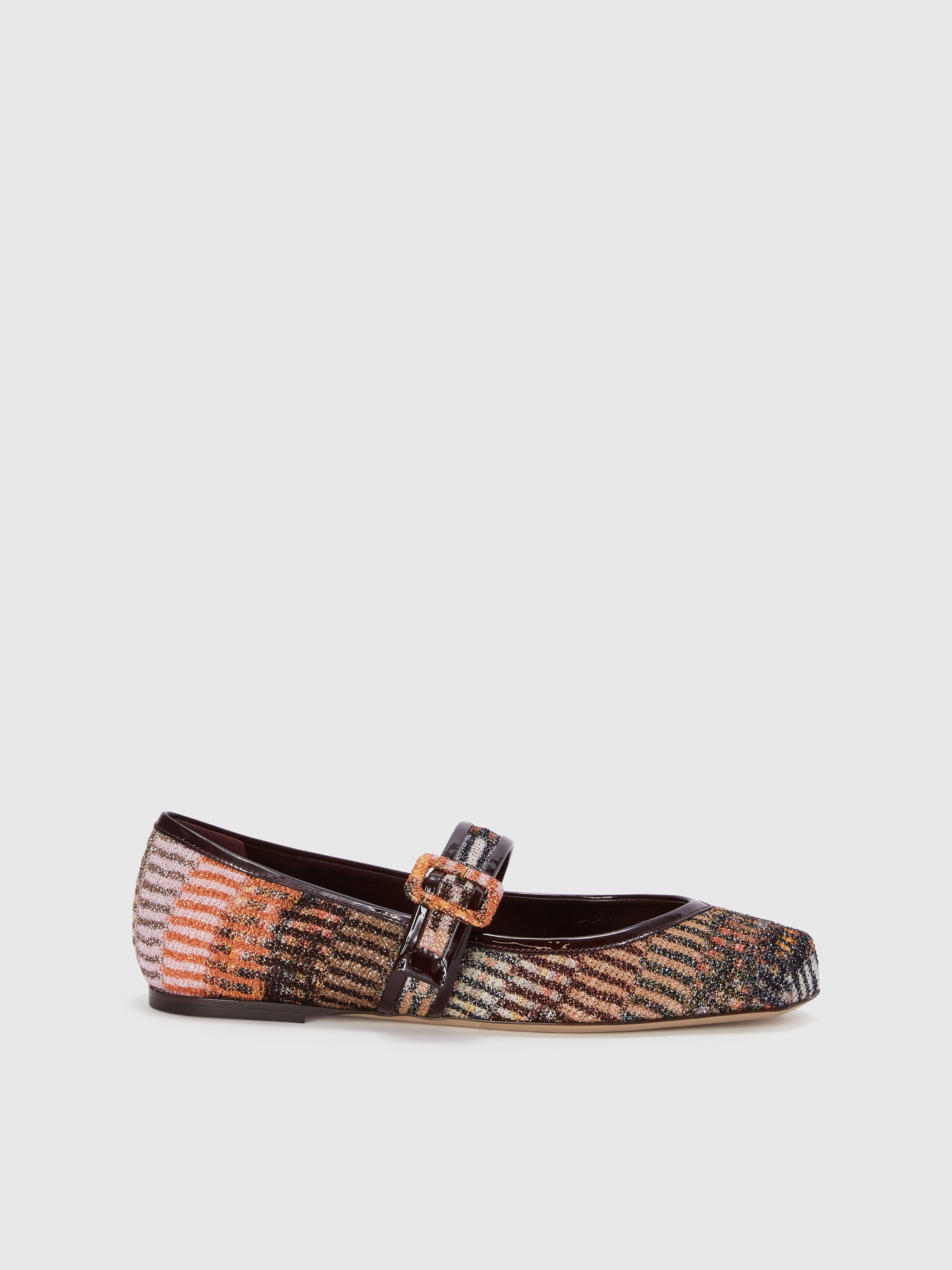 Lamé fabric ballet flats with strap, Brown - 0