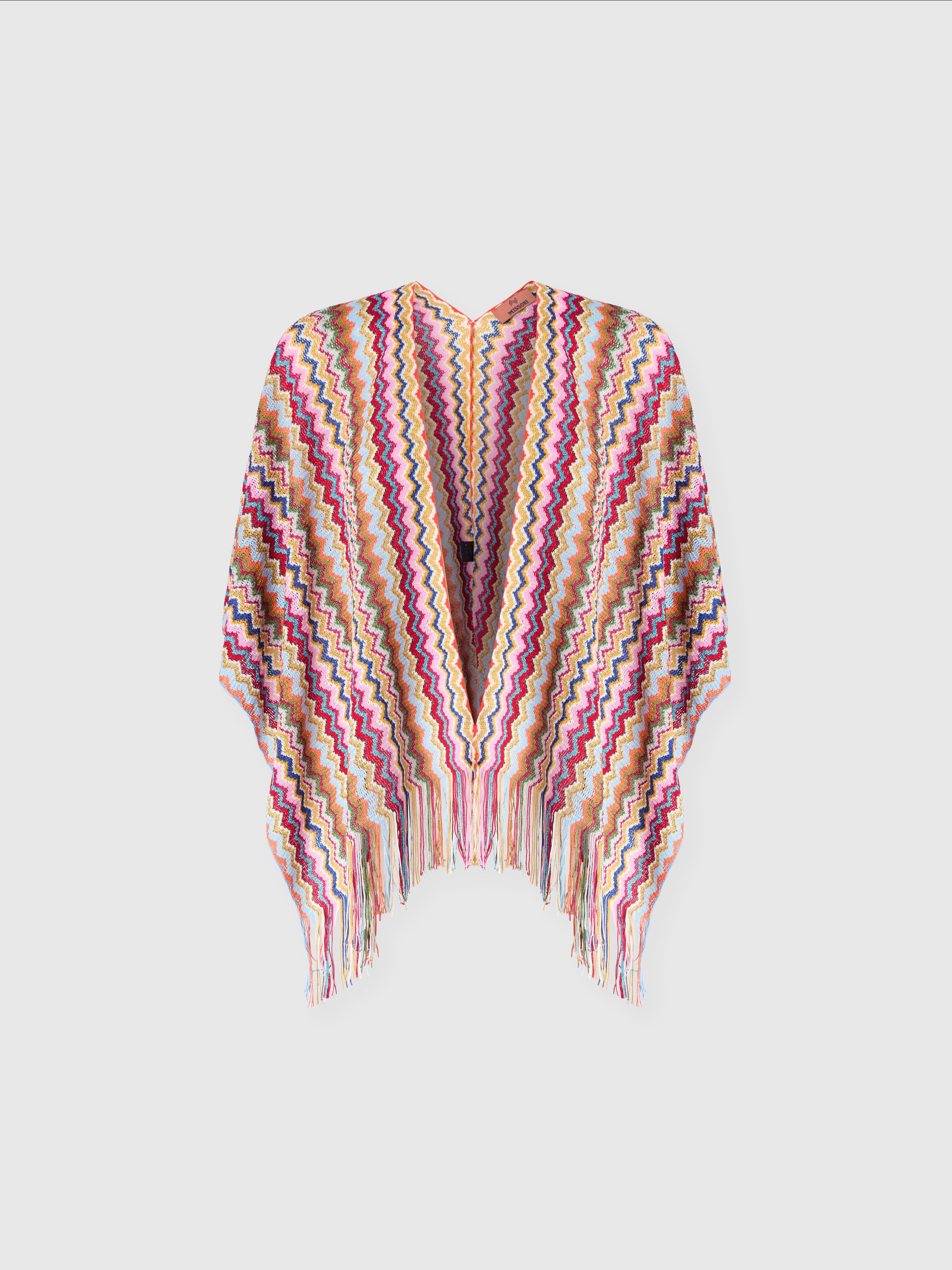 Poncho en maille avec motif chevron et franges, Multicolore  - 0