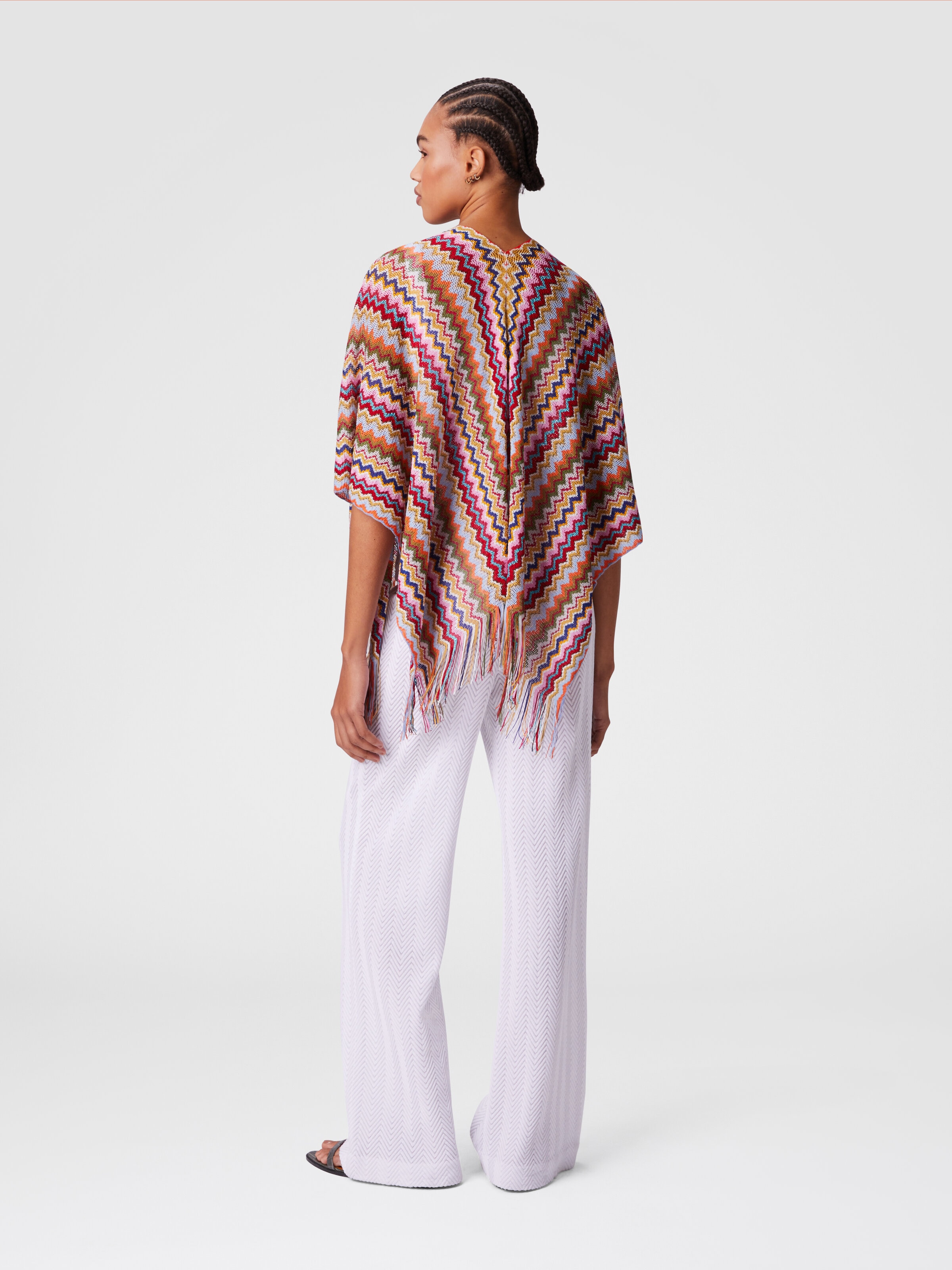 Poncho en maille avec motif chevron et franges, Multicolore  - 2