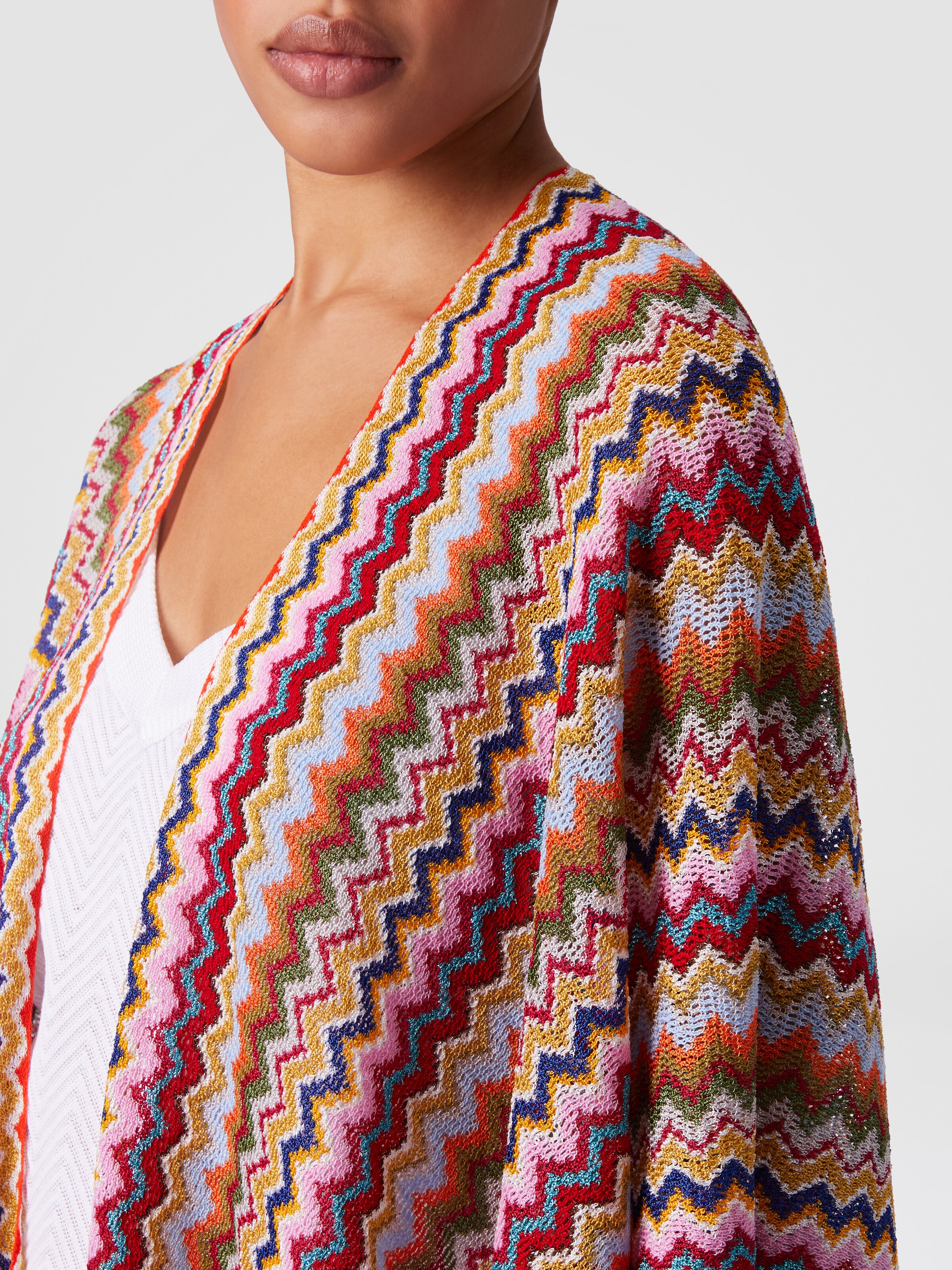 Poncho en maille avec motif chevron et franges, Multicolore  - 3