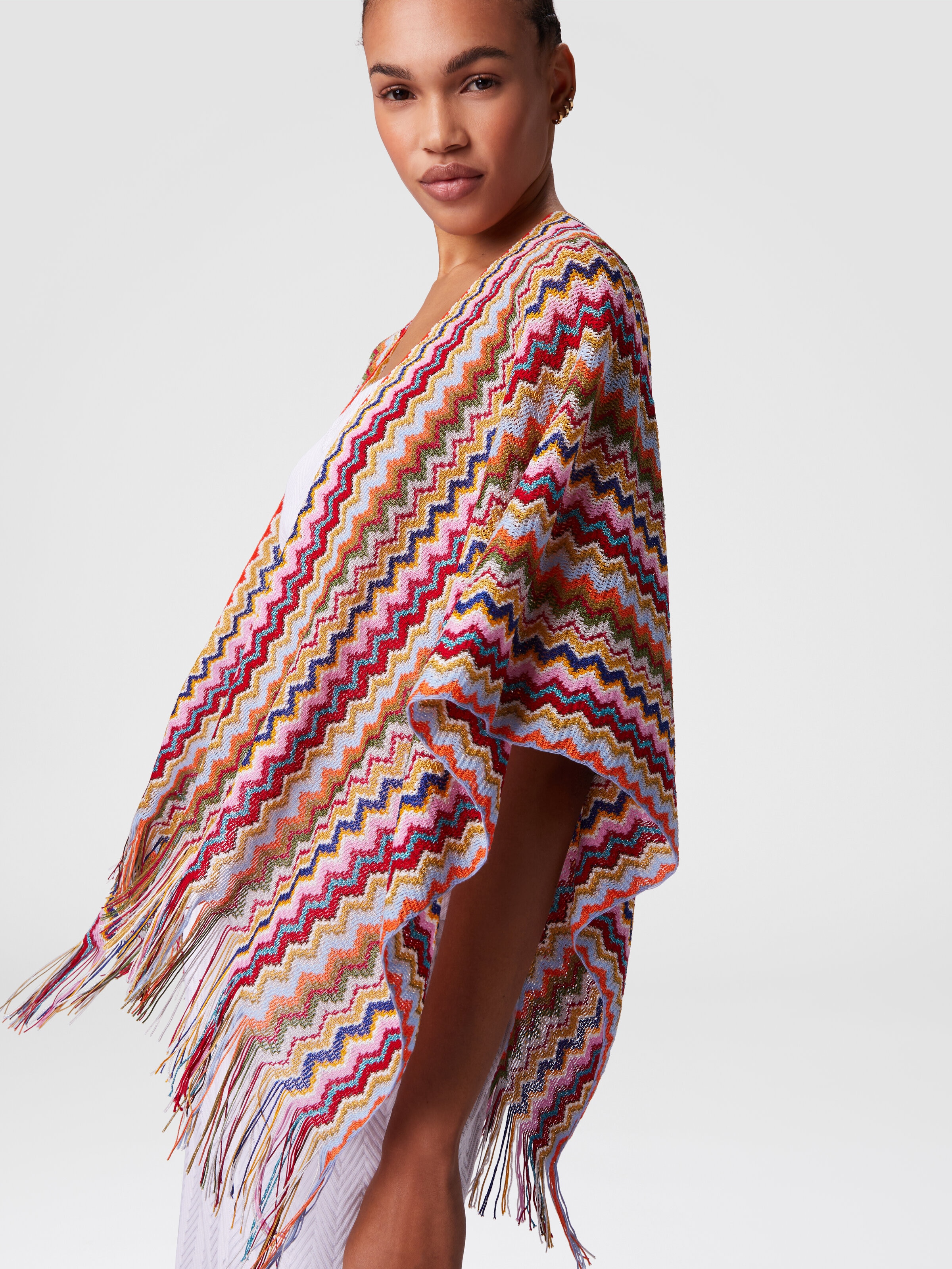 Poncho en maille avec motif chevron et franges, Multicolore  - 4