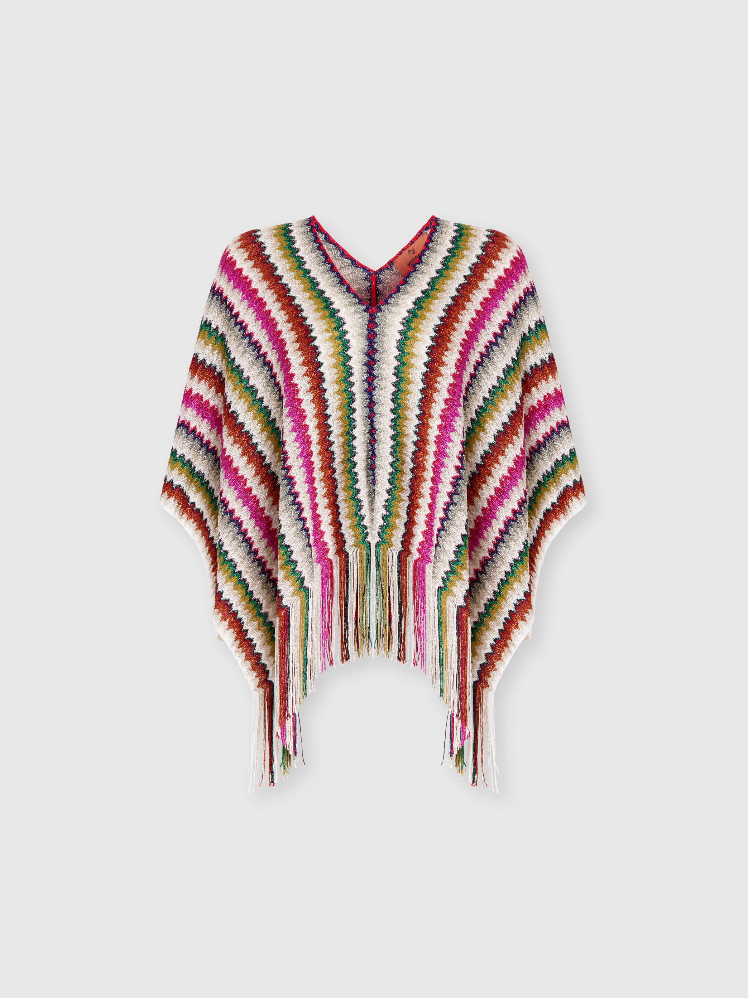 Poncho with chevron motif and fringes, Multicoloured  - 0