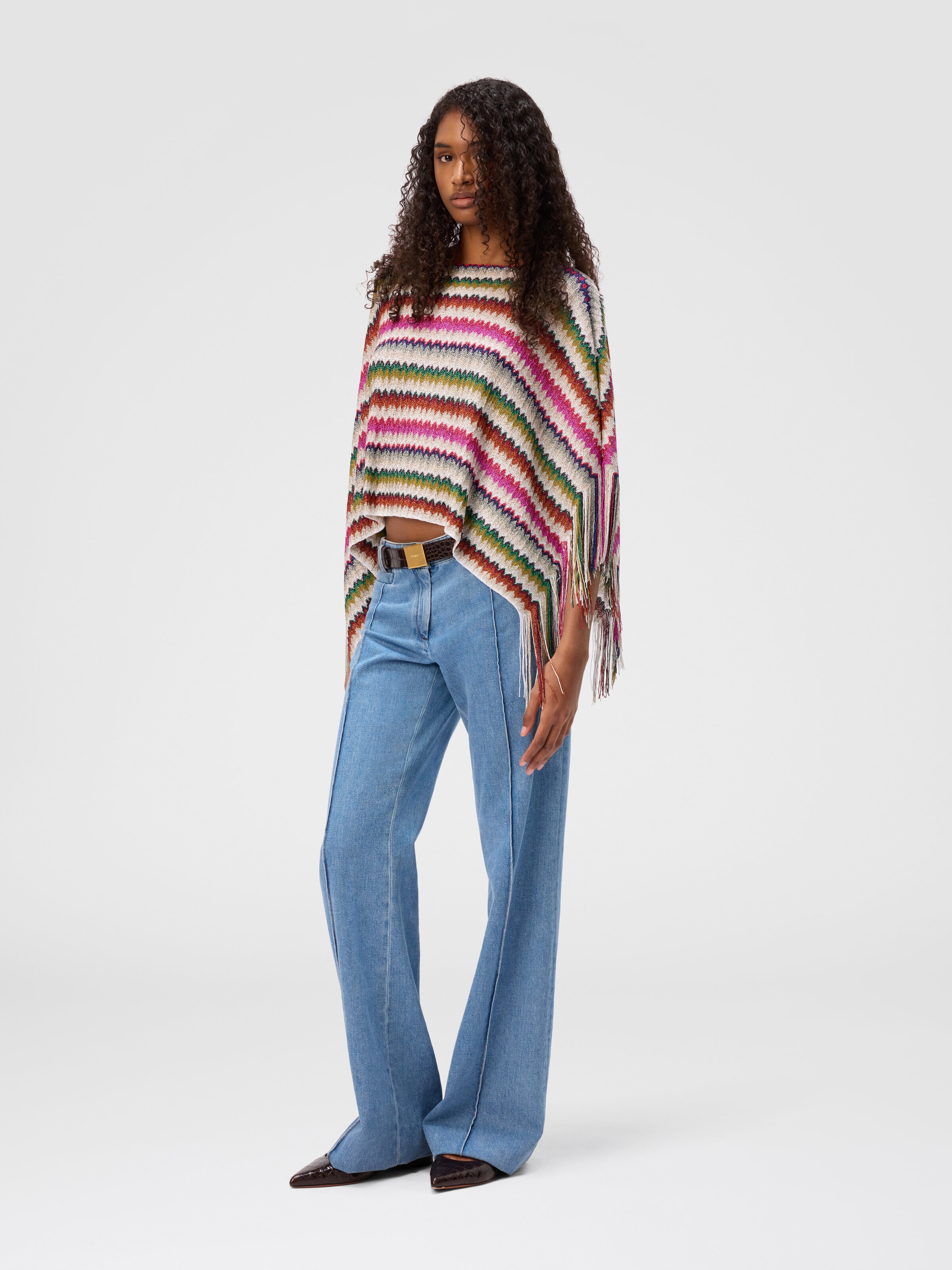 Poncho with chevron motif and fringes, Multicoloured  - 1