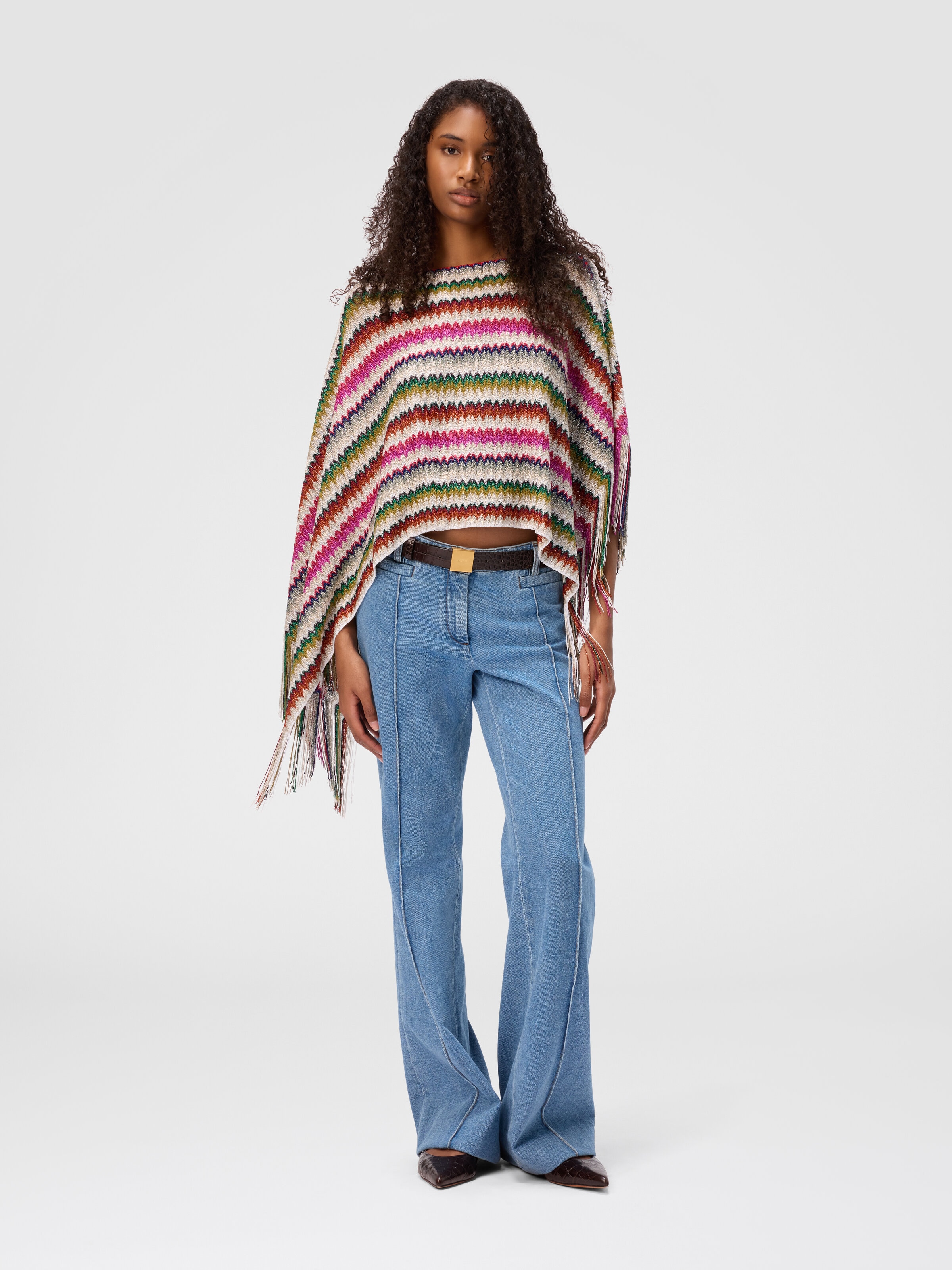 Poncho with chevron motif and fringes, Multicoloured  - 2