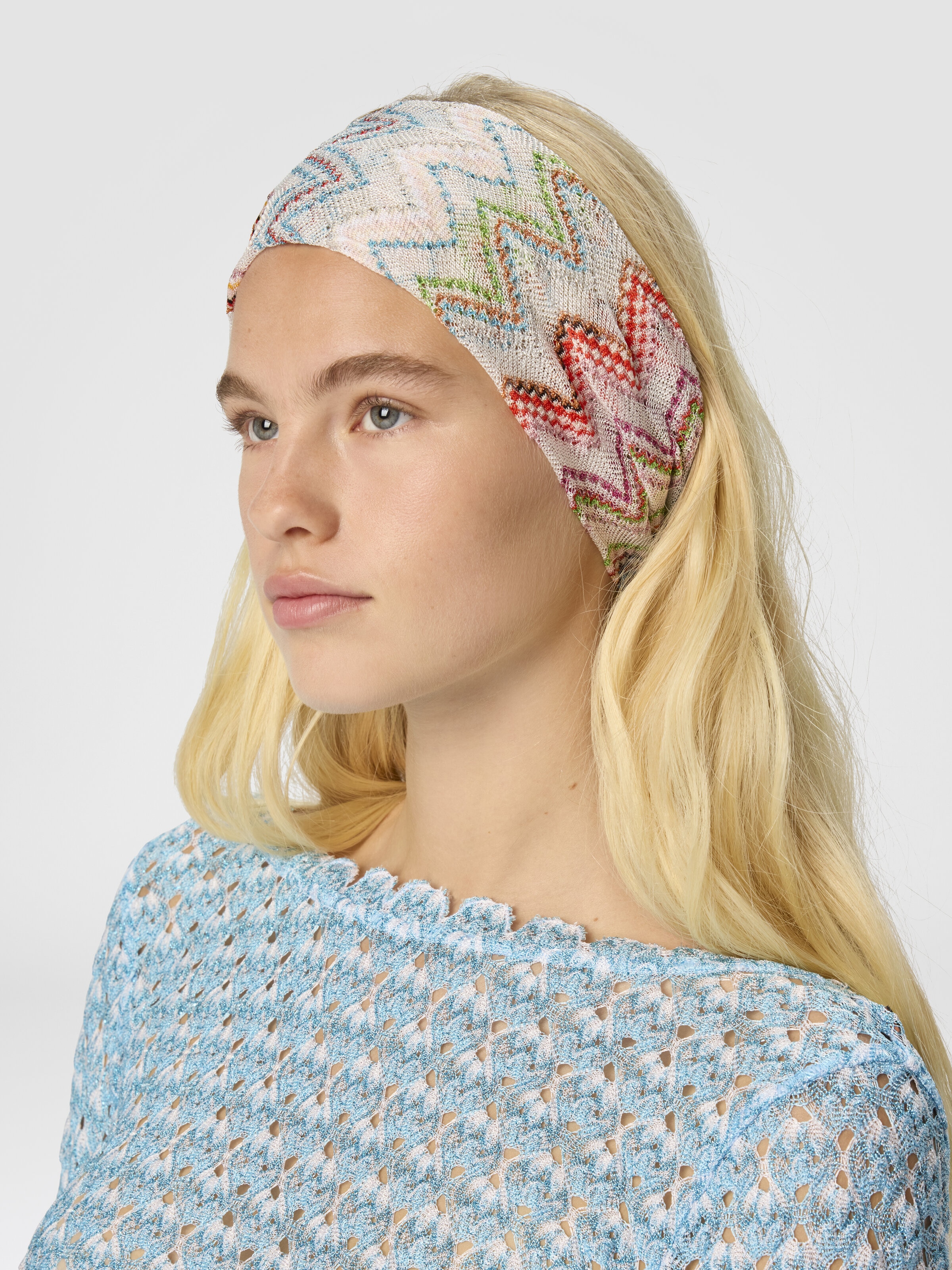 Fascia per capelli in lamé e viscosa con effetto maglia e motivo zig zag, Multicolore  - 2