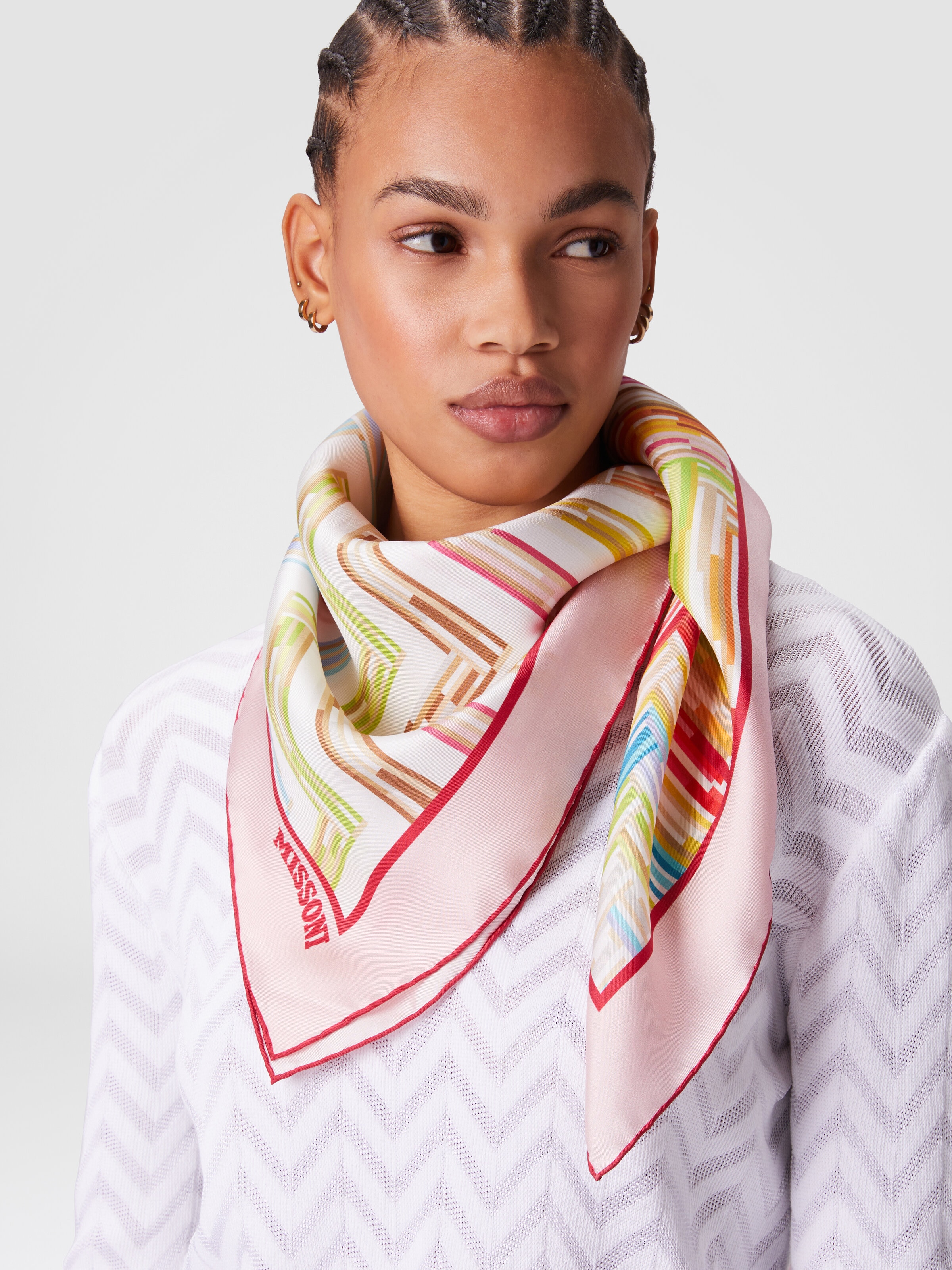 100% silk scarf with zigzag pattern and printed border, Multicoloured  - 2