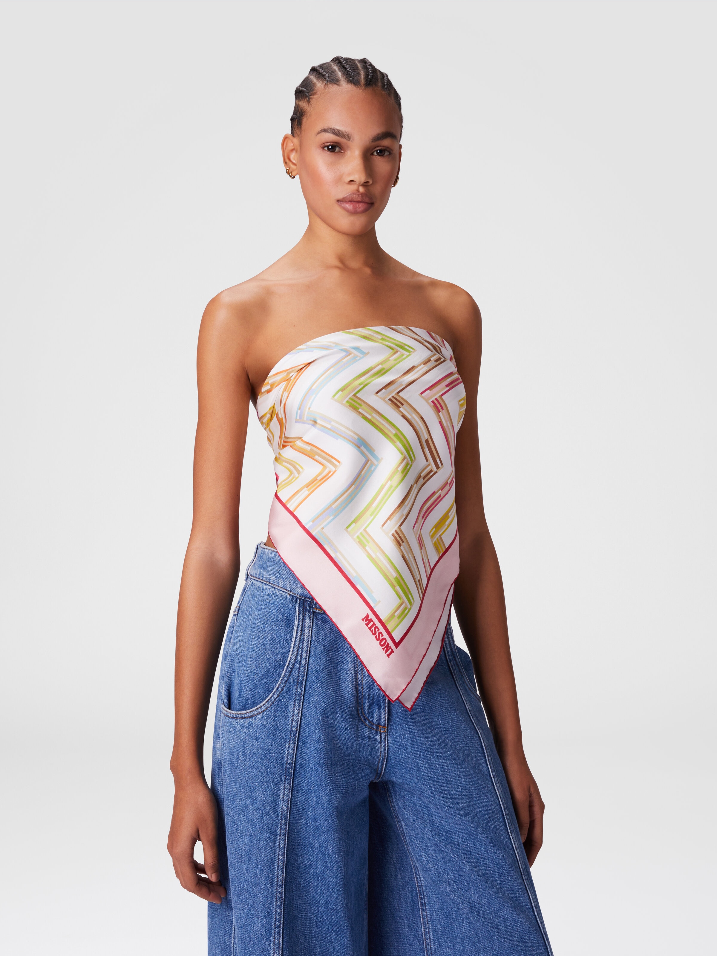 100% silk scarf with zigzag pattern and printed border, Multicoloured  - 3