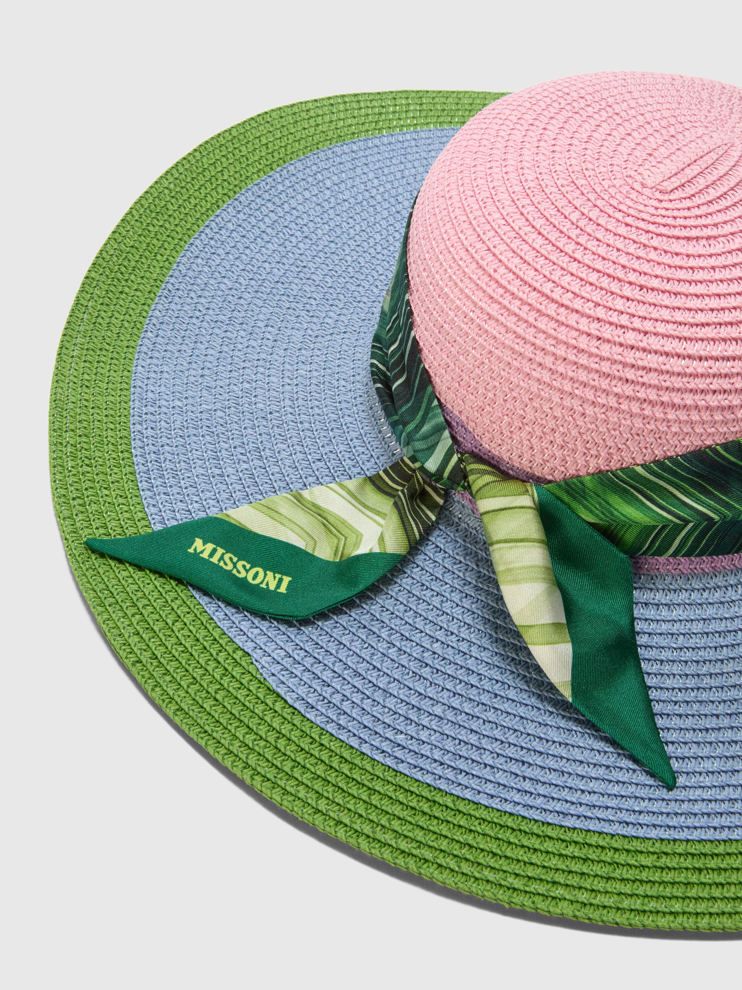 Wide Brim Straw Hat with Geometric Scarf, Multicoloured  - 1