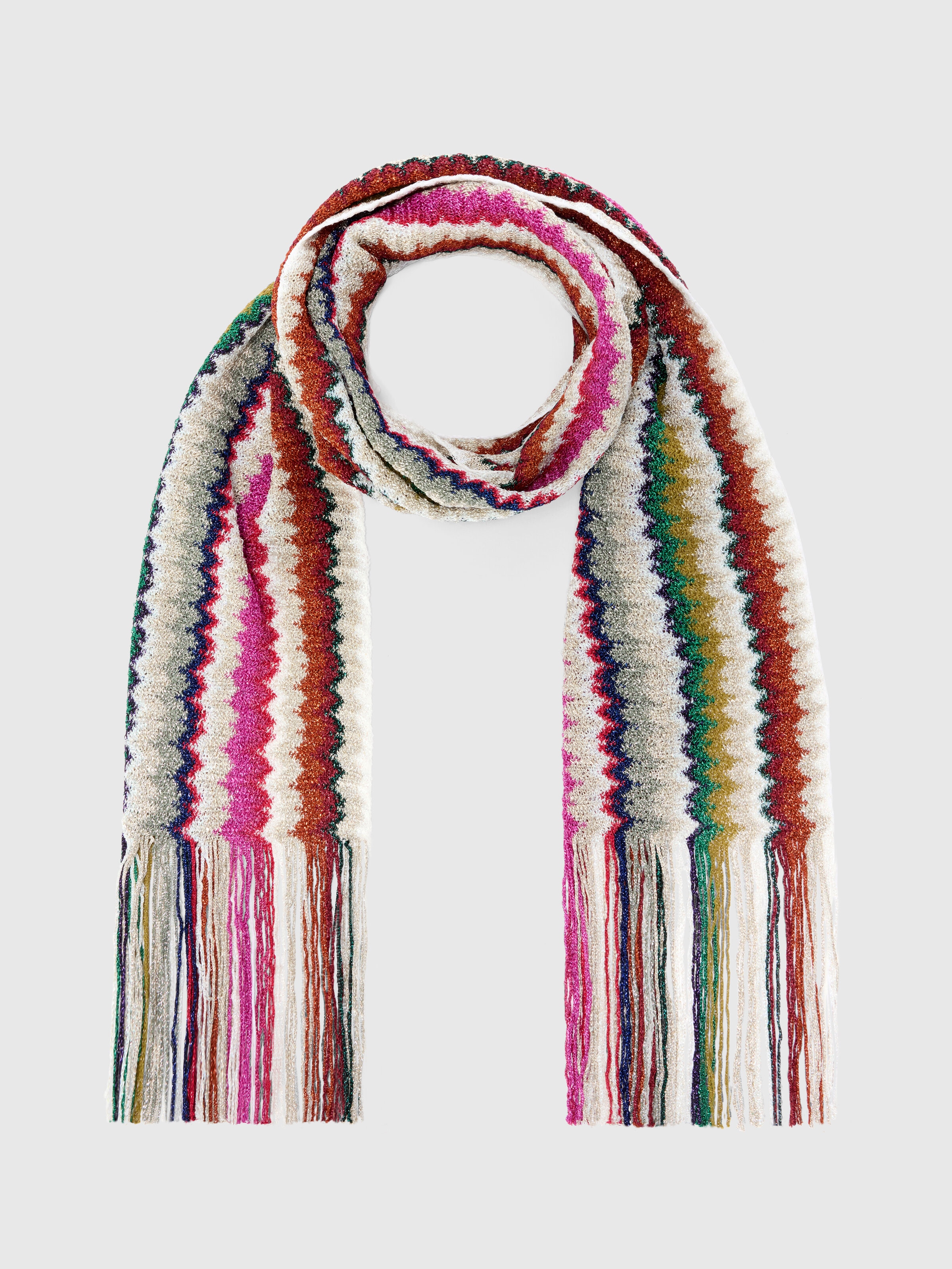 Scarf with chevron pattern and fringes, Multicoloured  - 0
