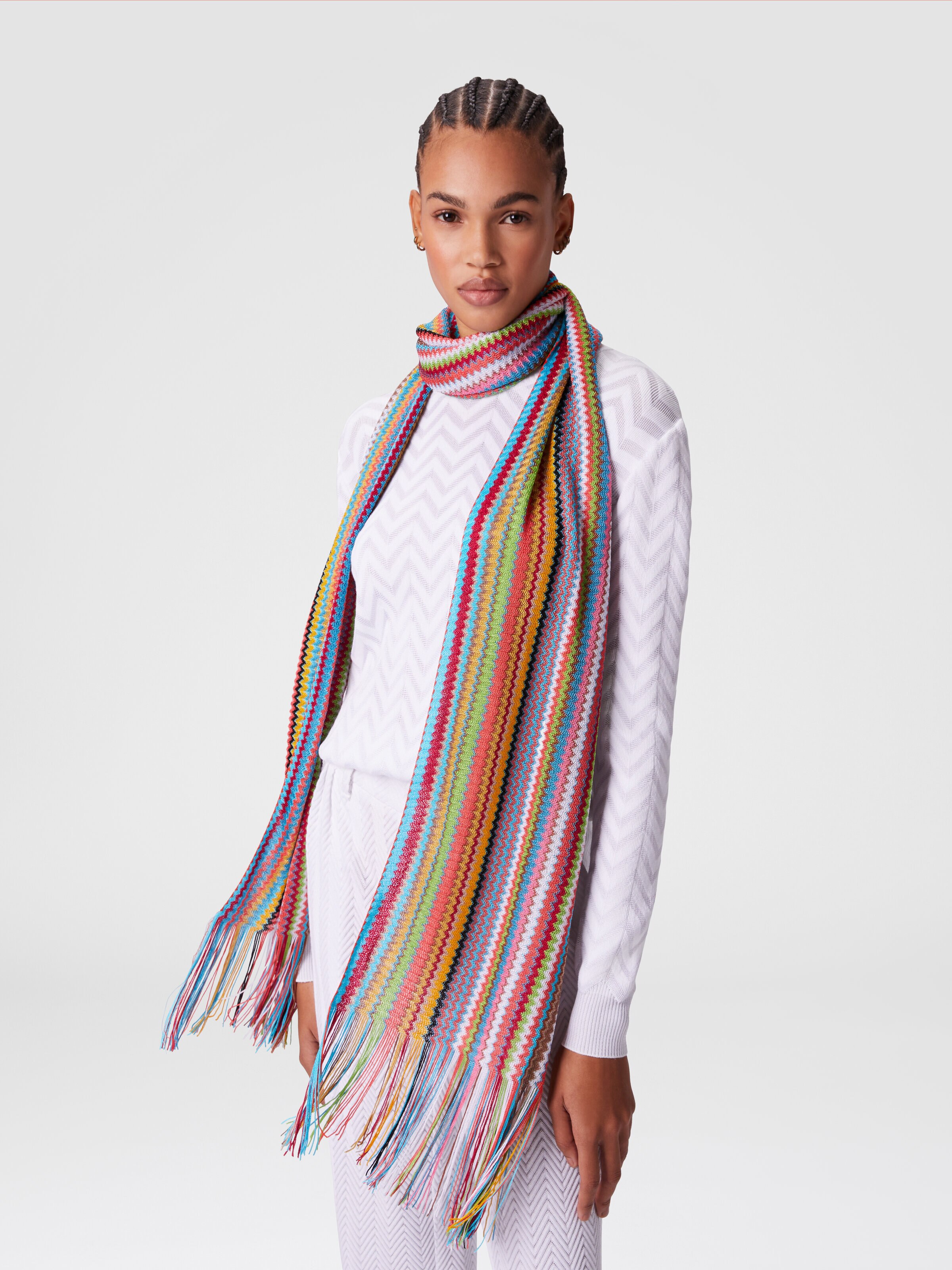 100% viscose scarf with zigzag pattern and fringes, Multicoloured  - 2