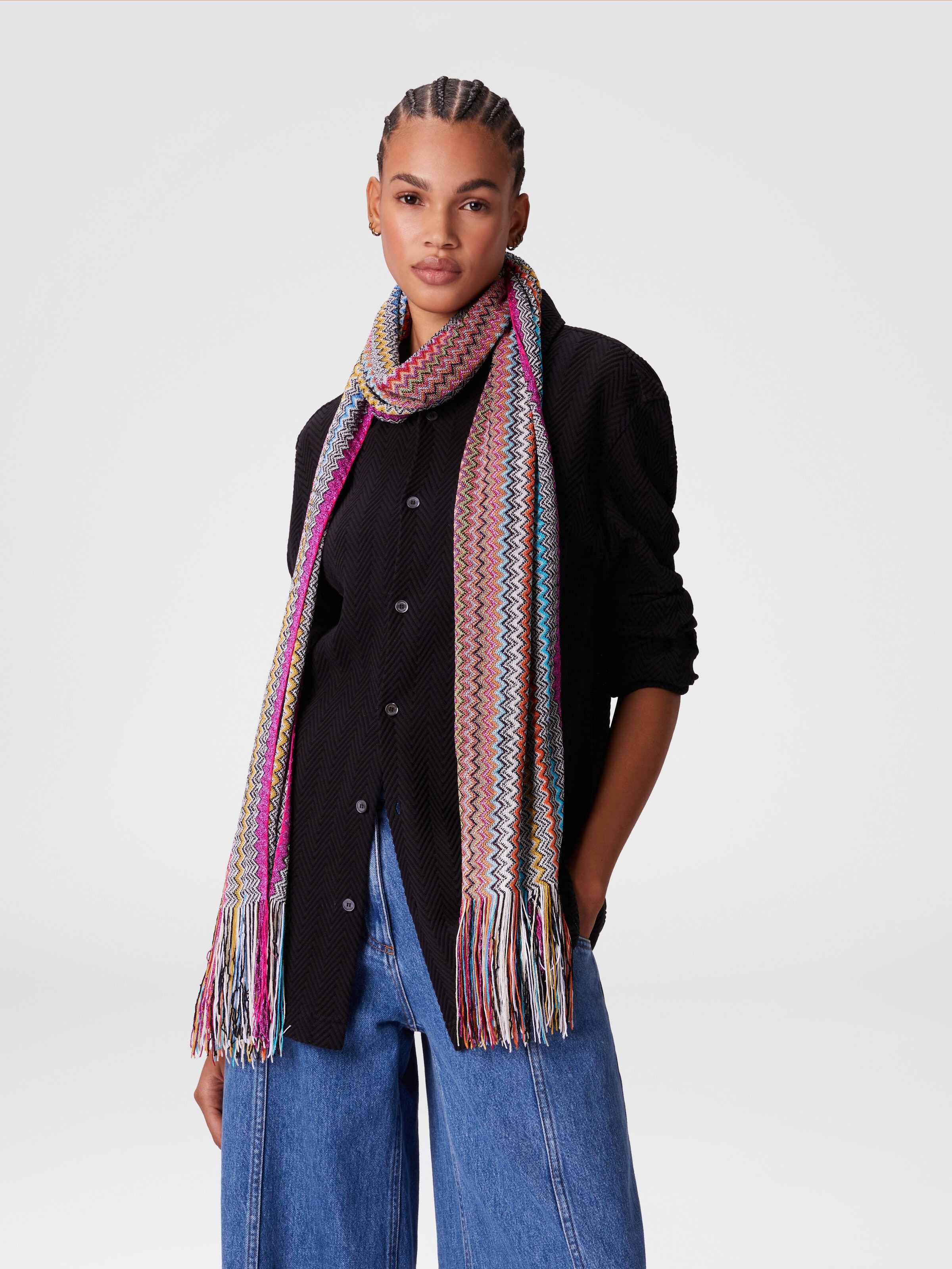 Zig zag viscose blend scarf with long fringes, Multicoloured  - 2