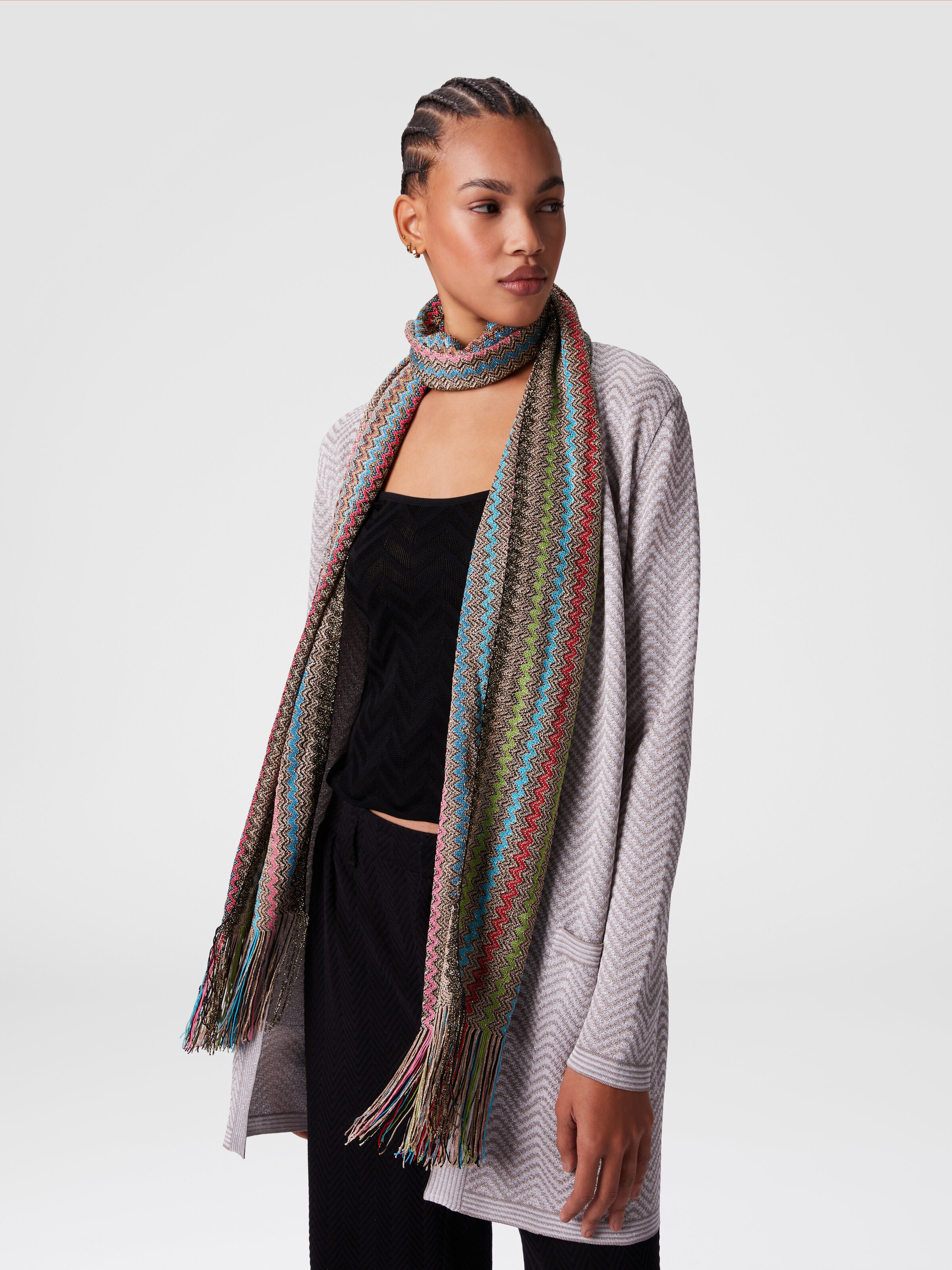 Sciarpa in misto viscosa zig zag con frange, Multicolore  - 2