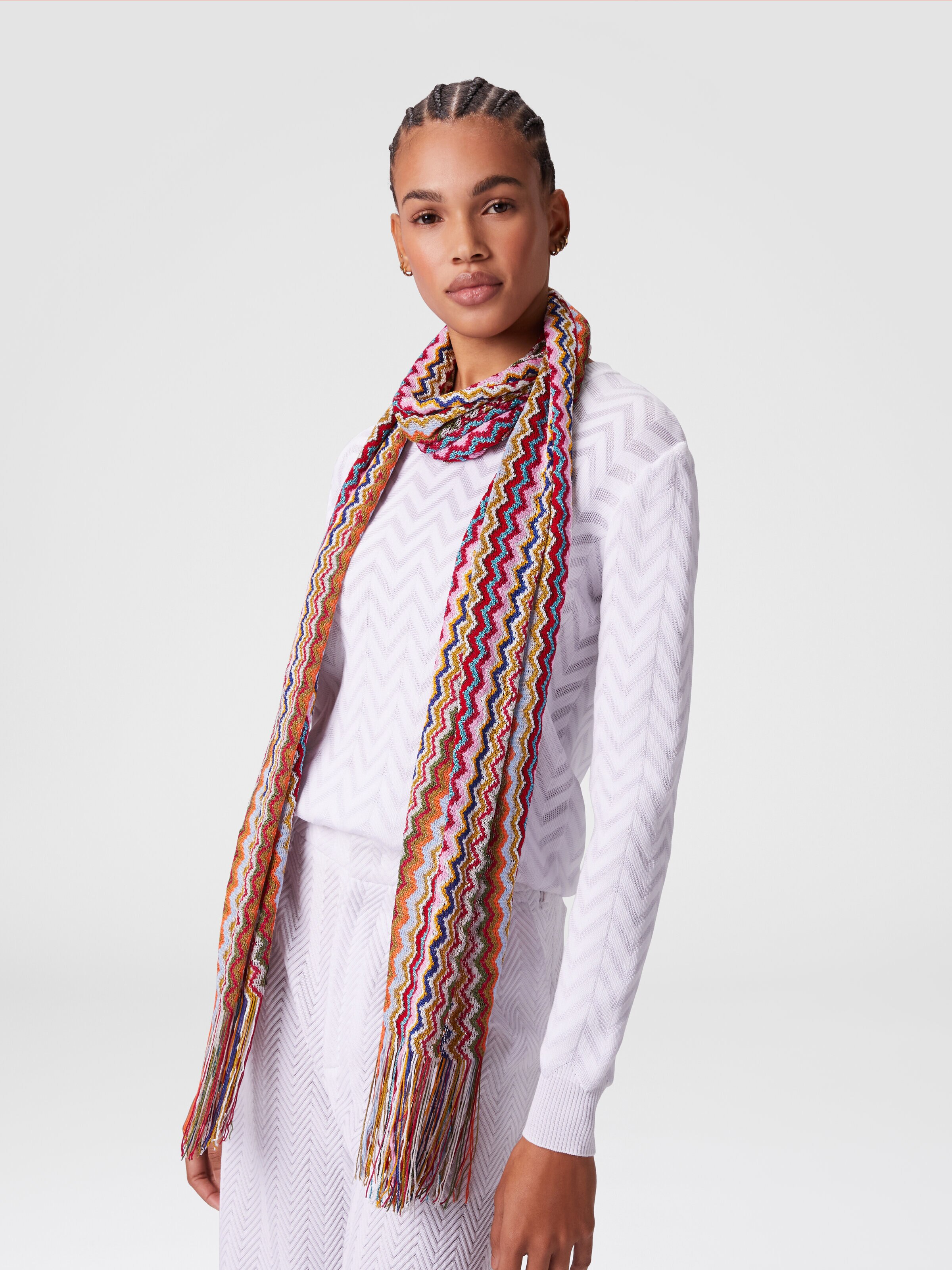Zig zag viscose blend scarf with long fringes, Multicoloured  - 2