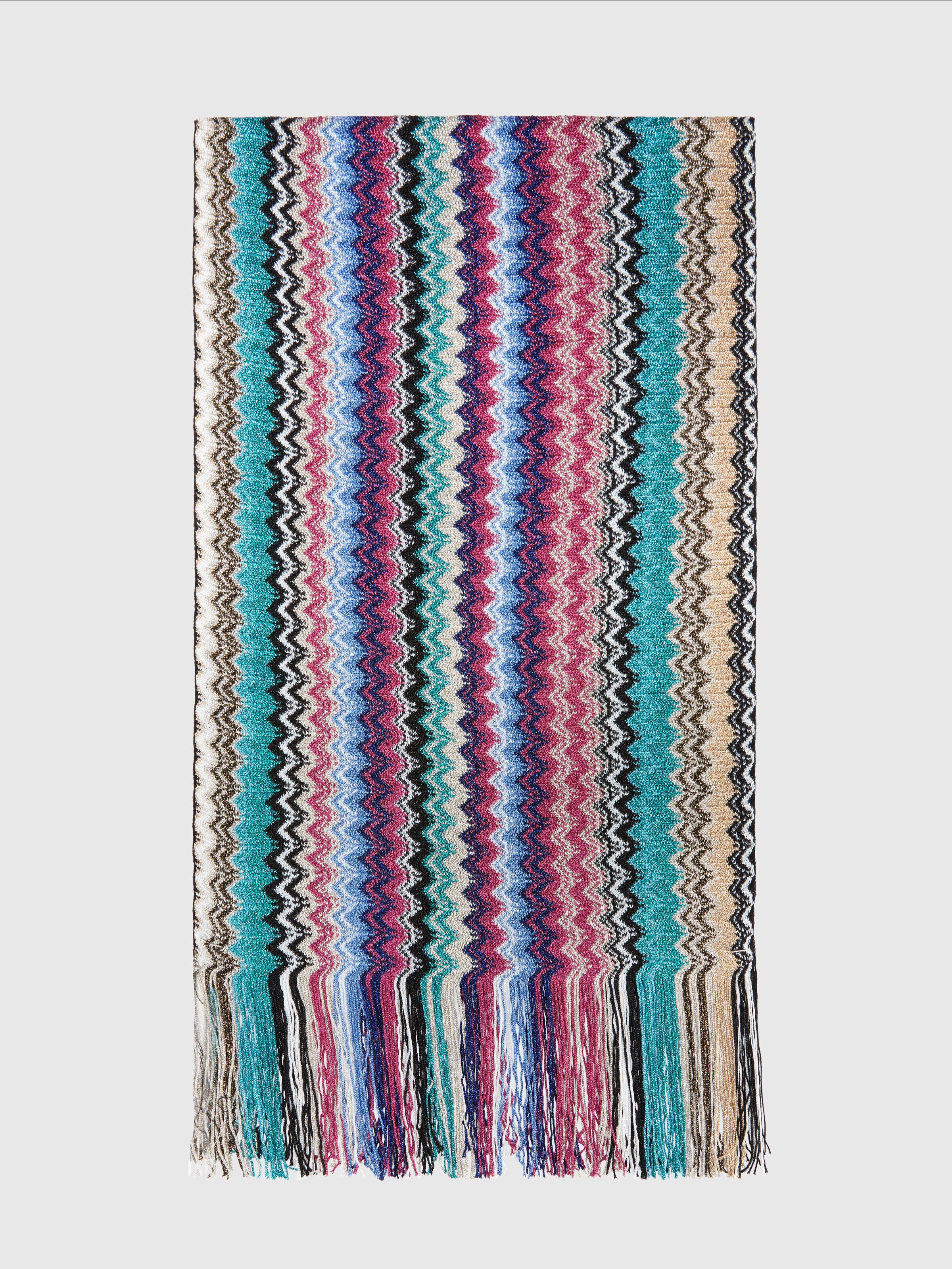 Viscose blend scarf with chevron pattern and fringes, Multicoloured  - 0