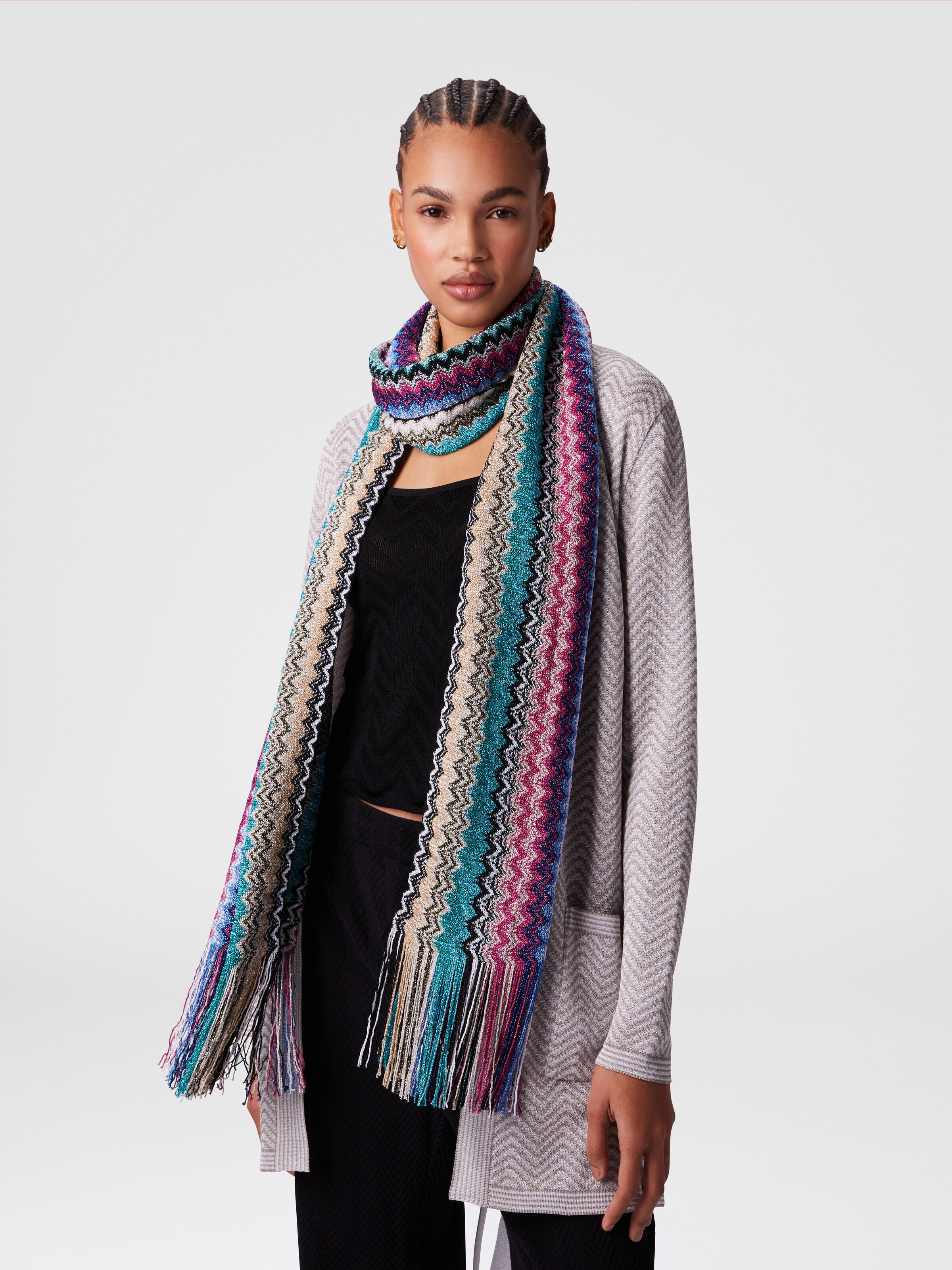 Viscose blend scarf with chevron pattern and fringes, Multicoloured  - 2
