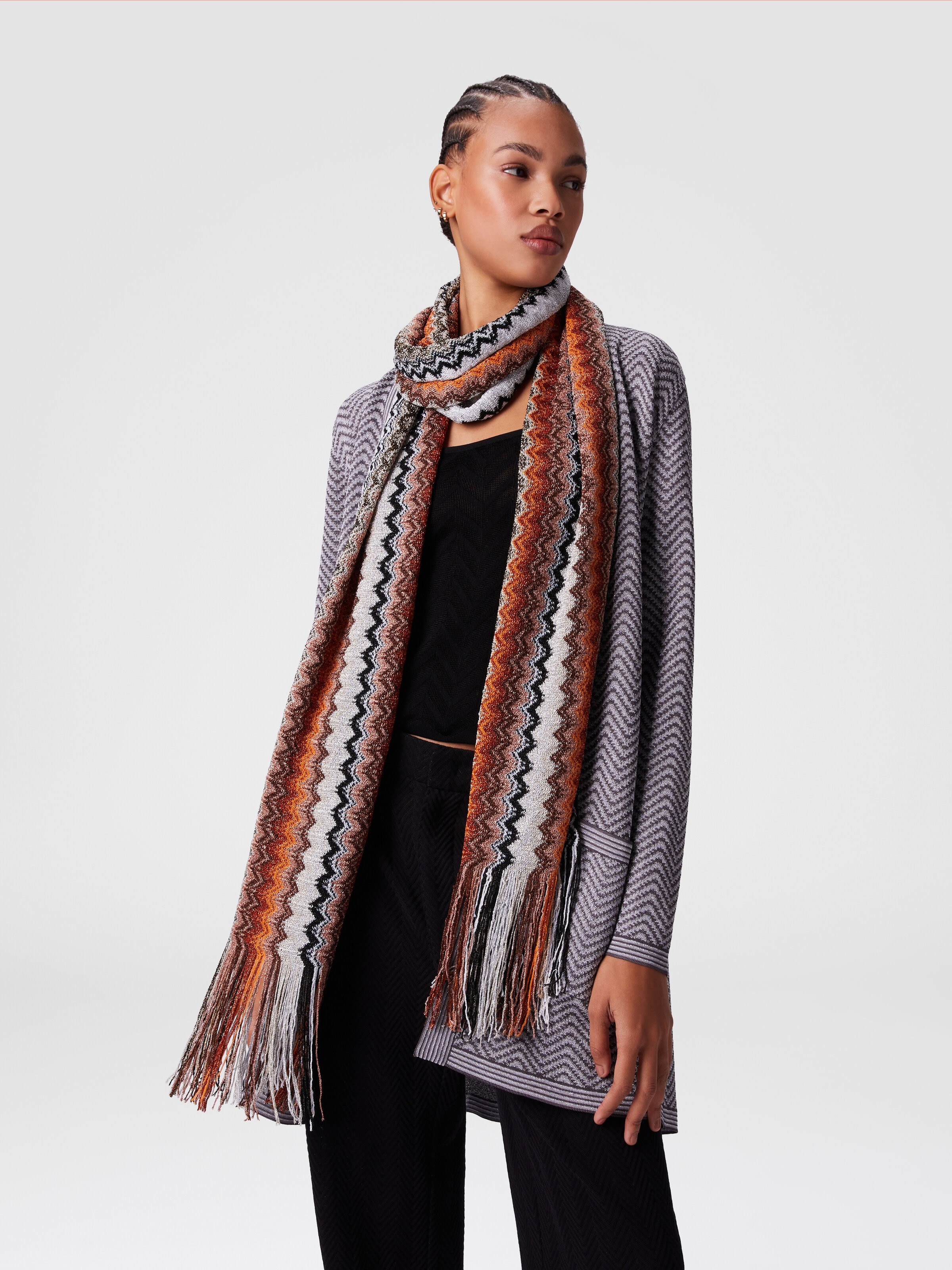 Viscose blend scarf with chevron pattern and fringes, Multicoloured  - 2