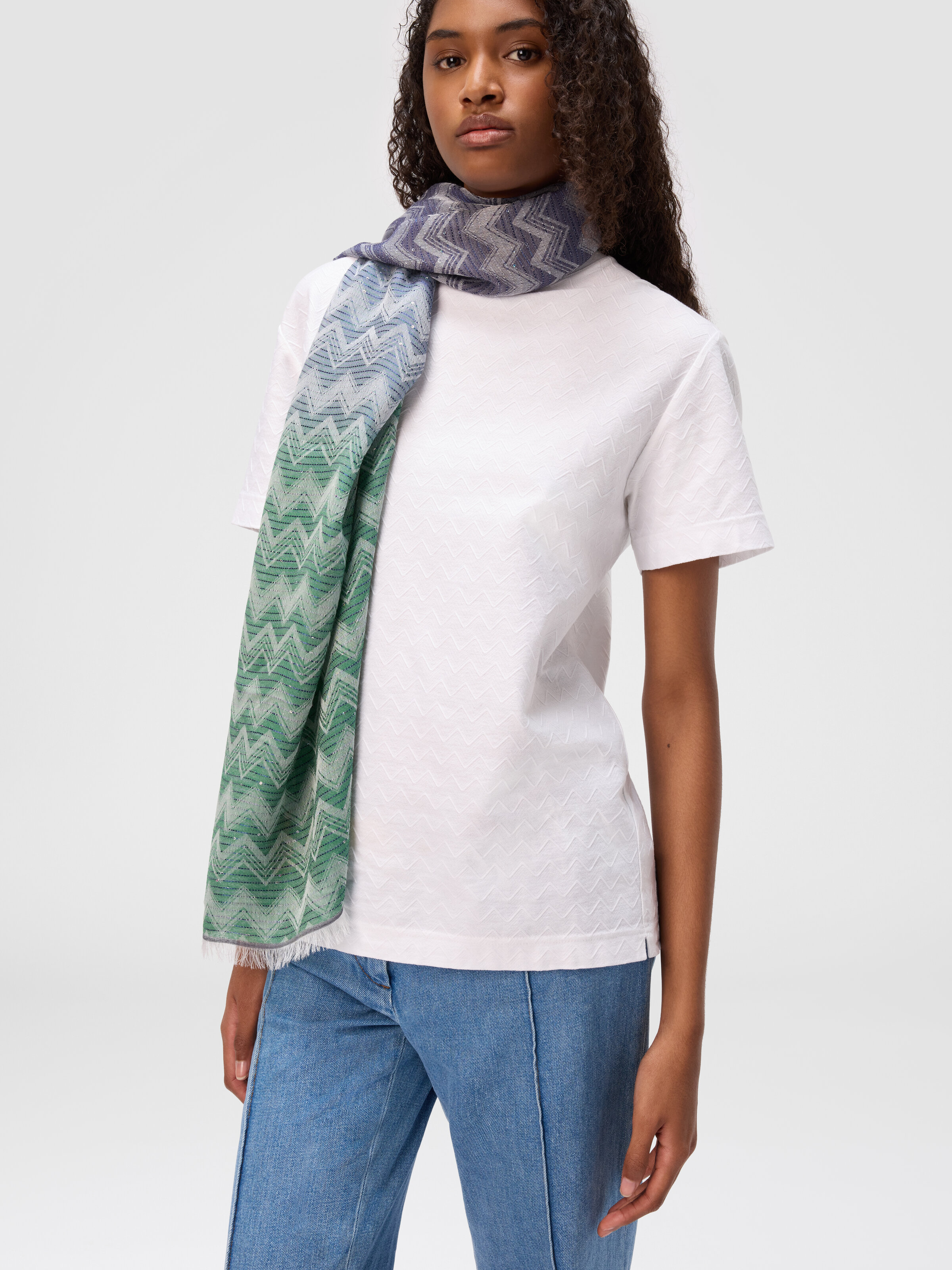 Stole with zig zag logo print and sequins, Multicoloured  - 2