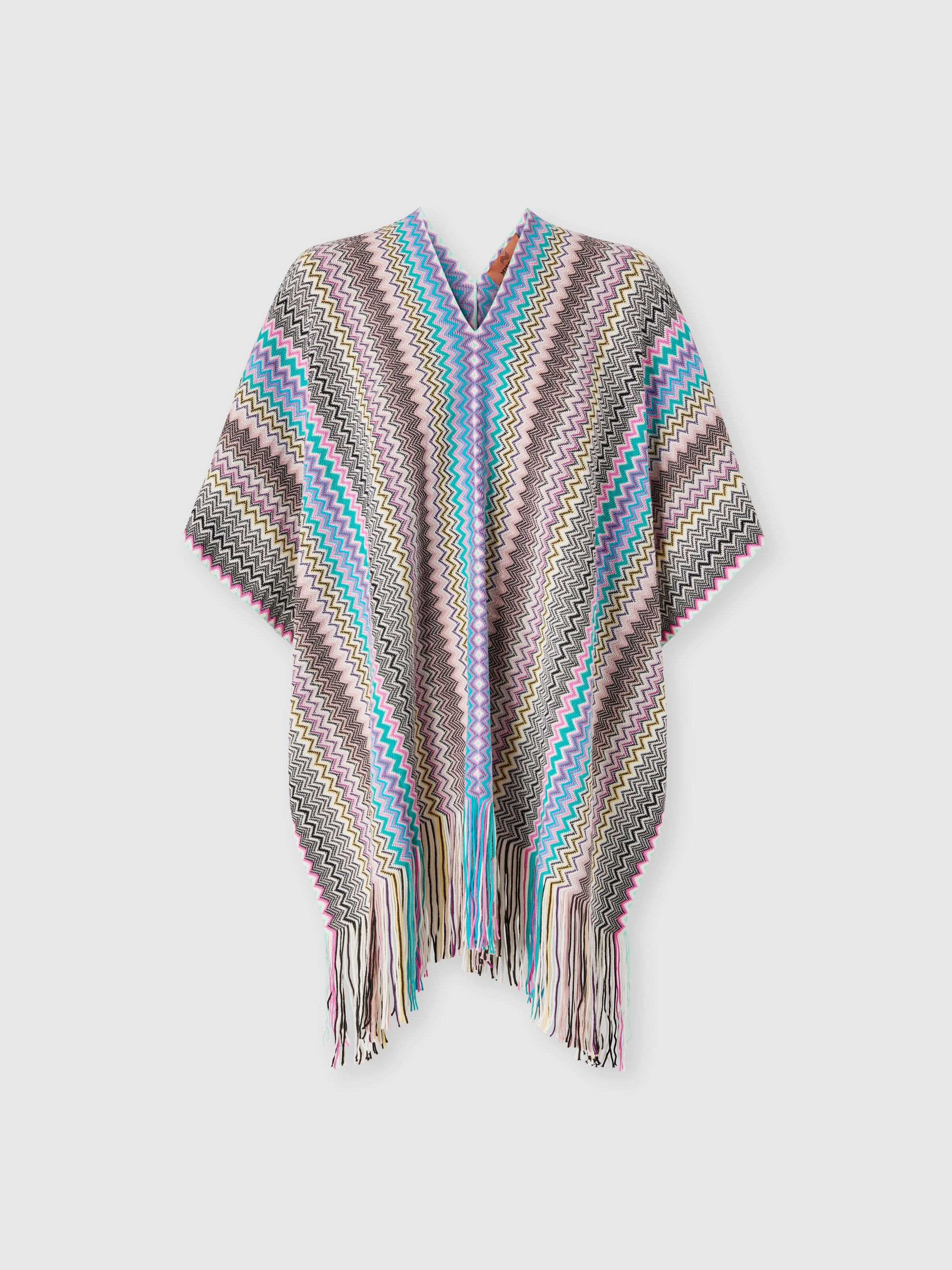 Wool-blend zigzag poncho with fringes, Multicoloured  - 0