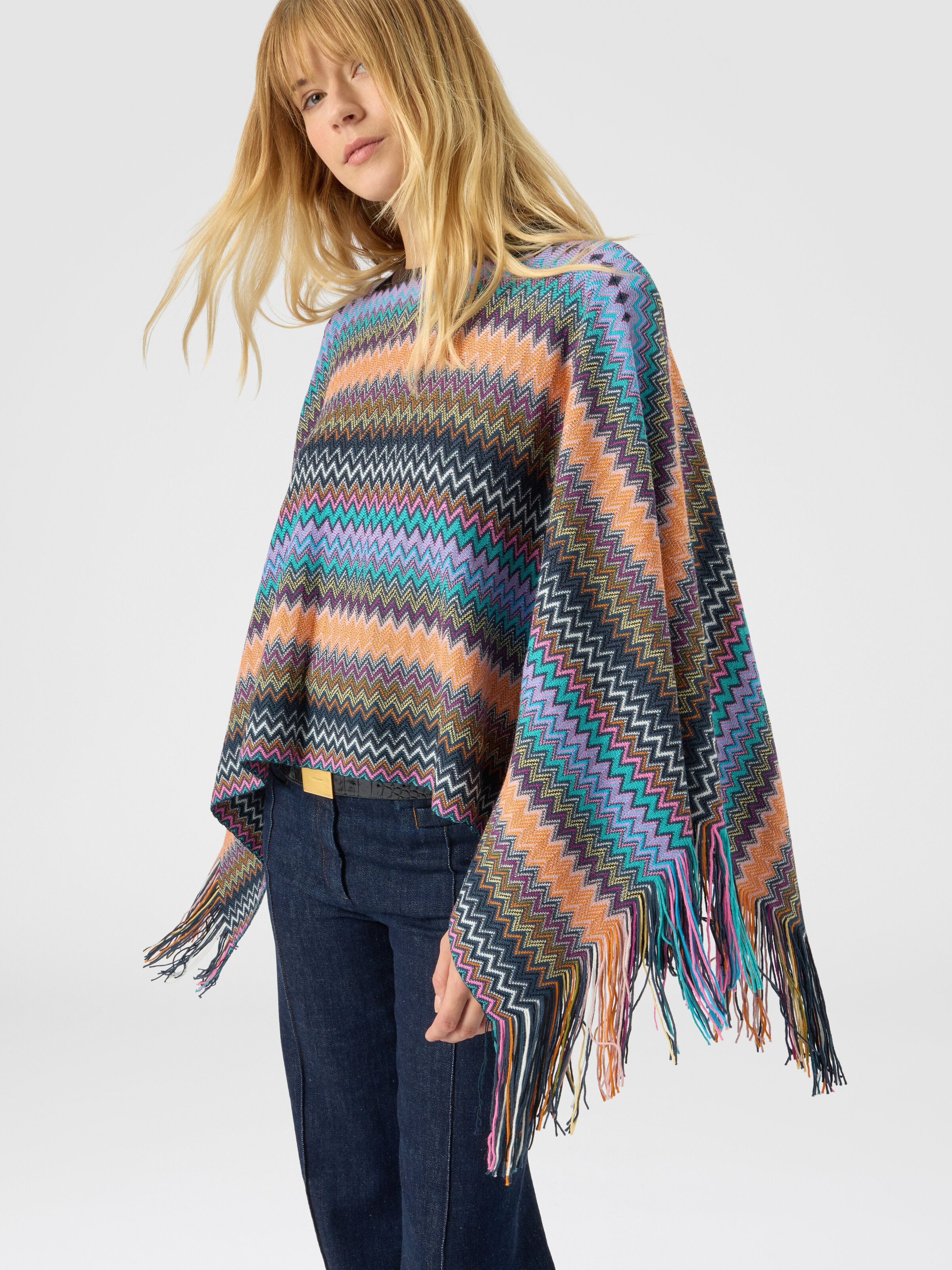 Poncho in misto lana zig zag con frange, Multicolore  - 1
