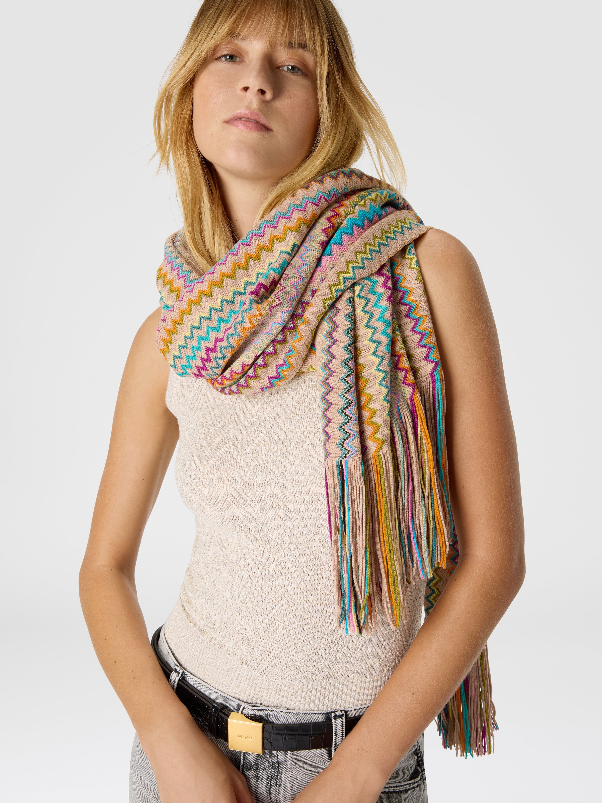 Écharpe avec motif en zigzag et franges, Multicolore  - 2