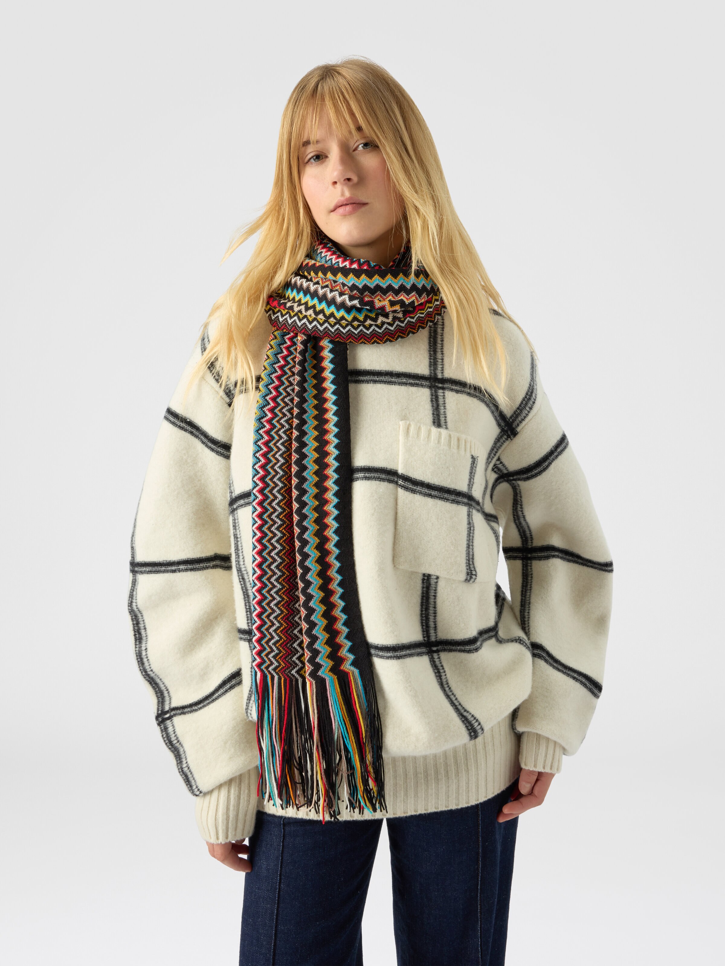 Sciarpa con lavorazione zig zag e frange, Multicolore  - 2