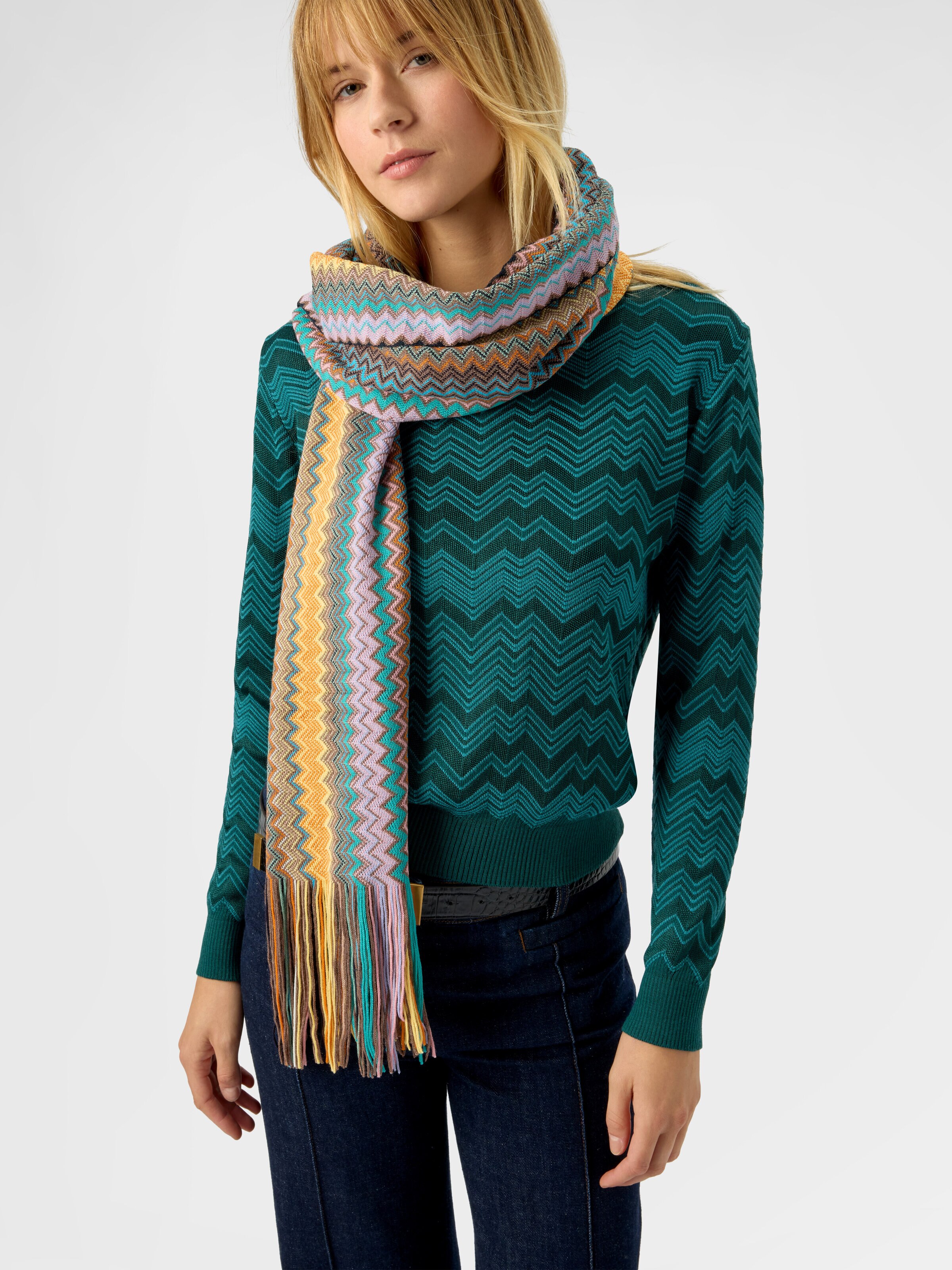 Scarf with zigzag pattern and fringes, Multicoloured  - 2