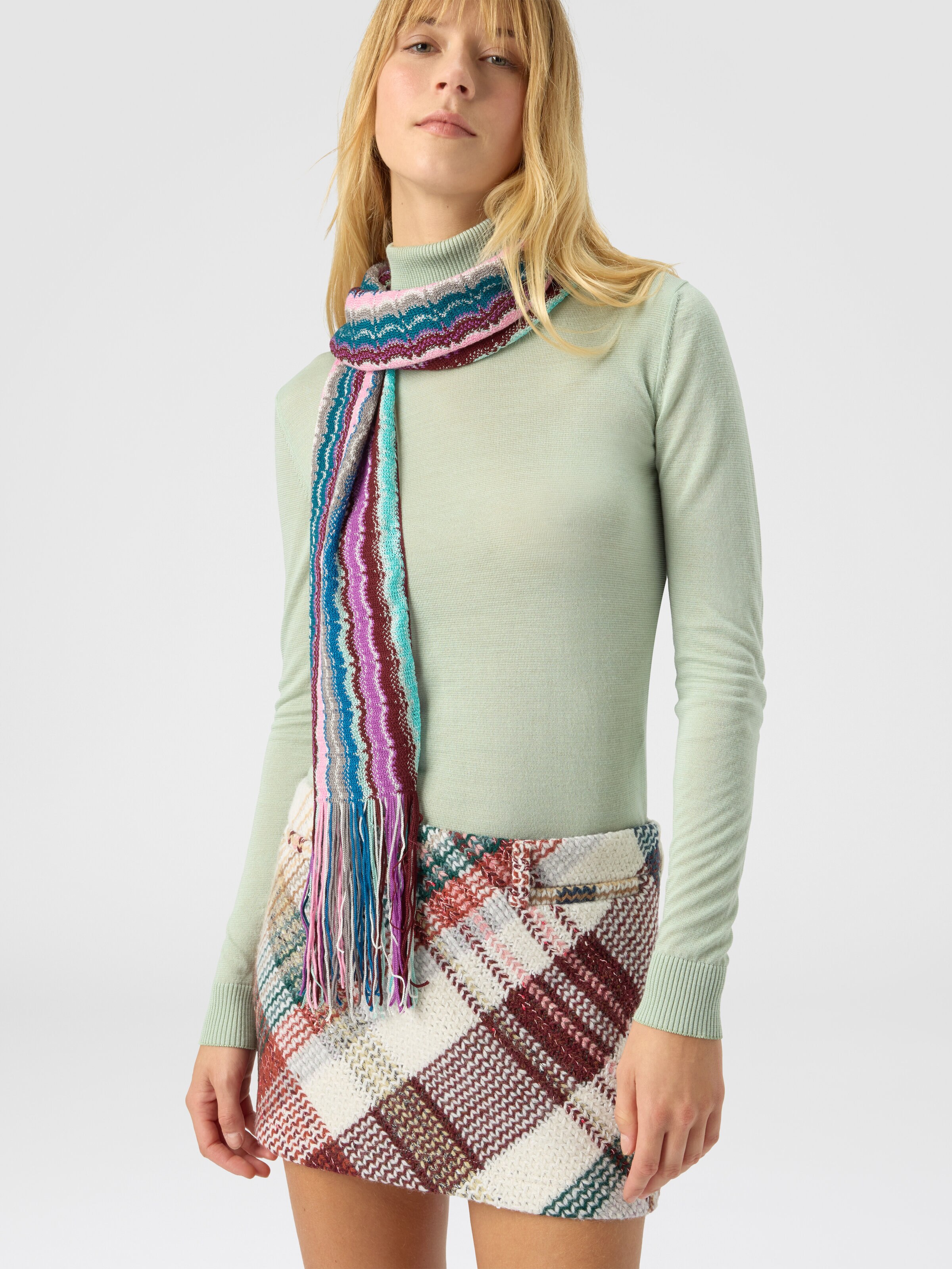 Wool and viscose scarf with fringes, Multicoloured  - 2