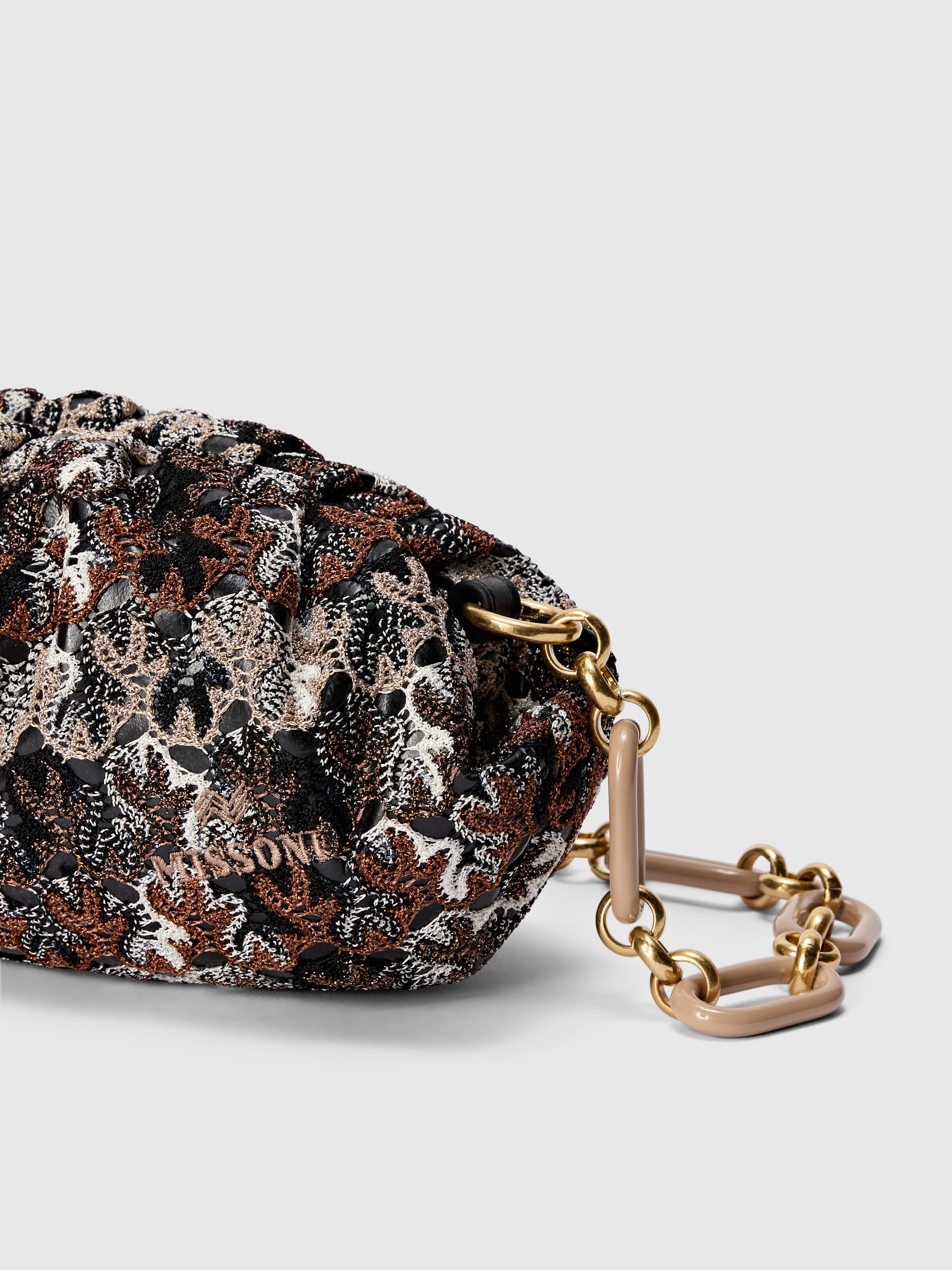Lace-patterned fabric clutch bag with removable shoulder strap, Brown - 2