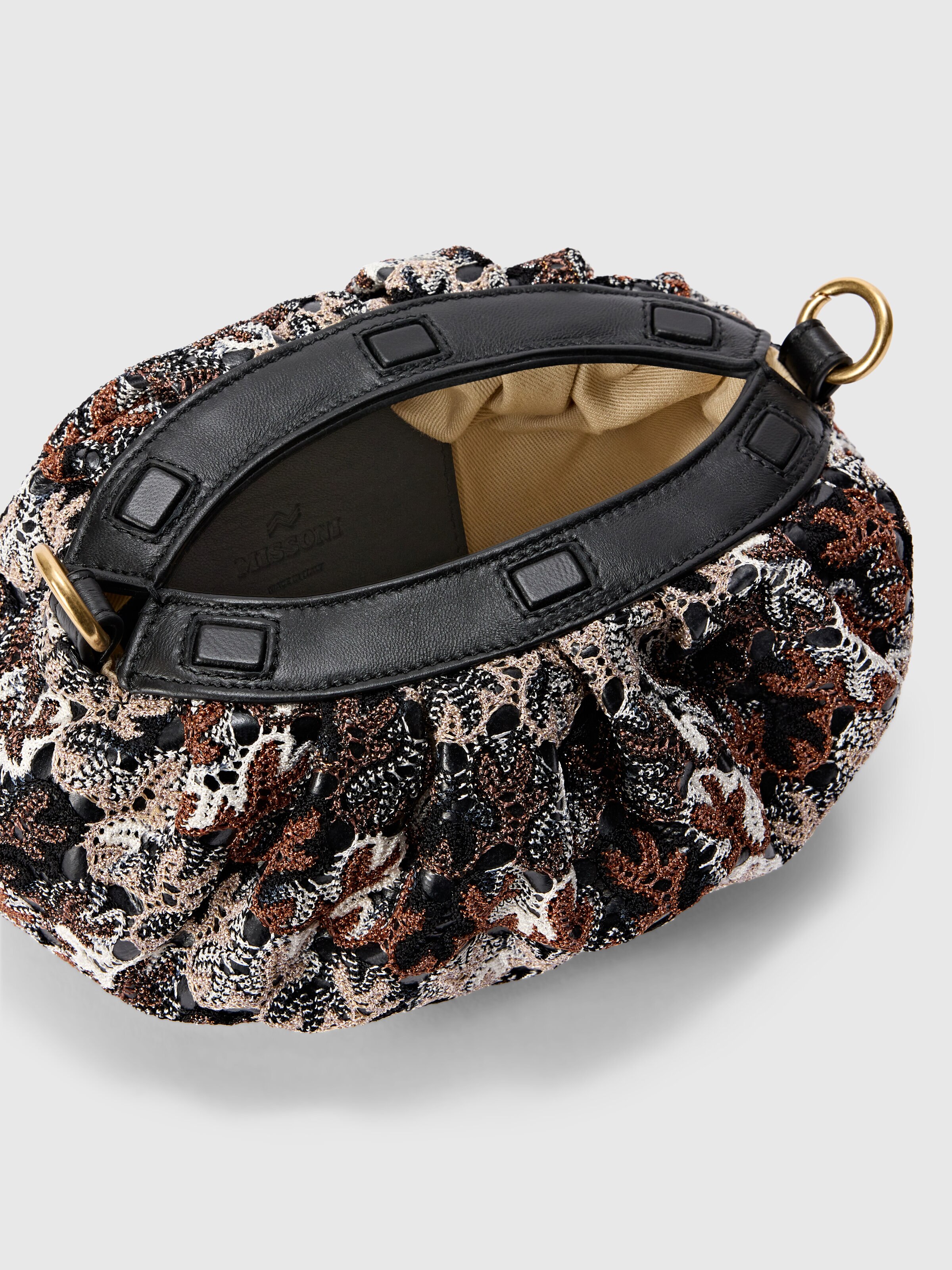 Lace-patterned fabric clutch bag with removable shoulder strap, Brown - 3