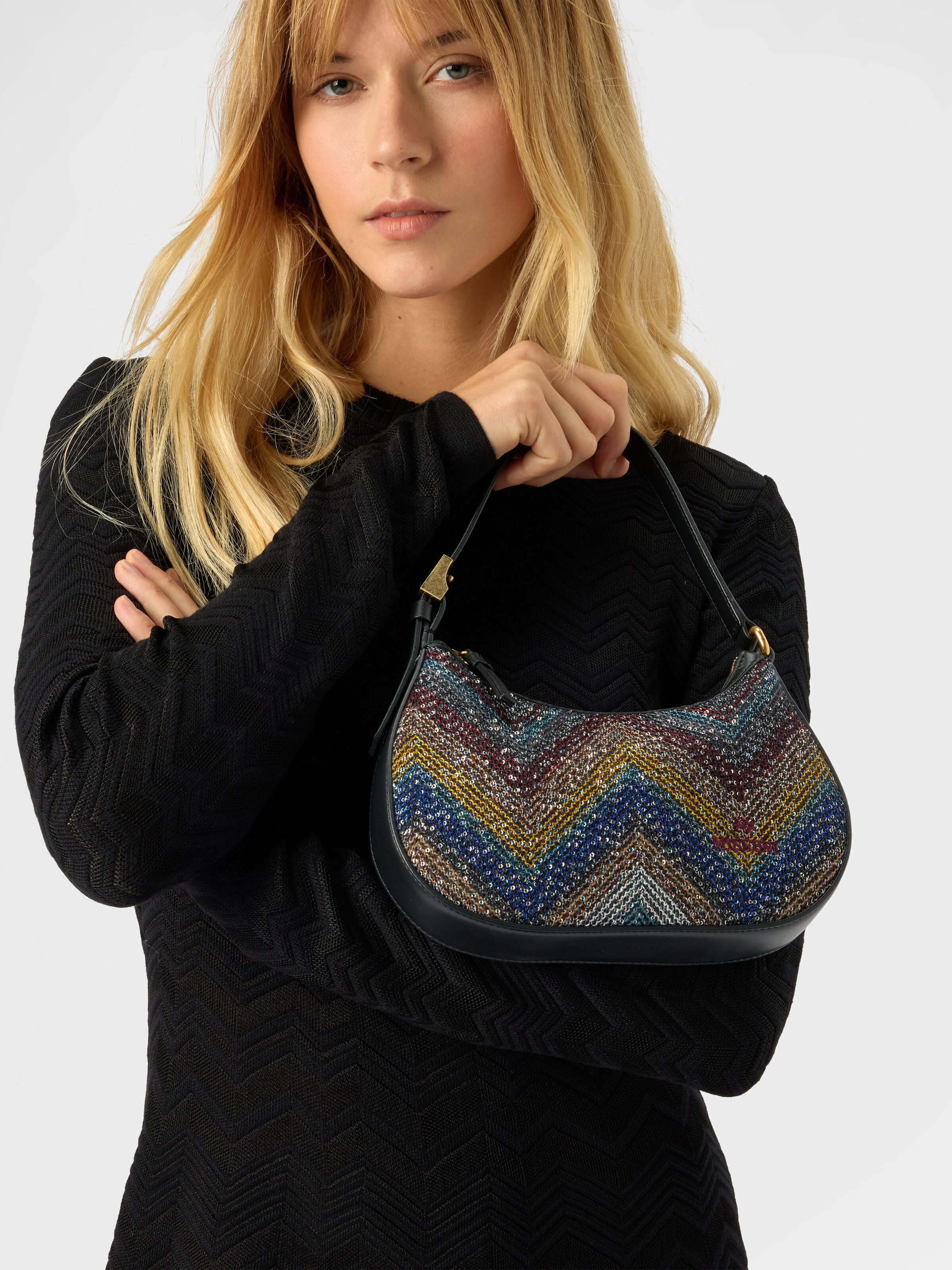 Bolso bandolera de tela en zigzag con lentejuelas, Multicolor  - 4