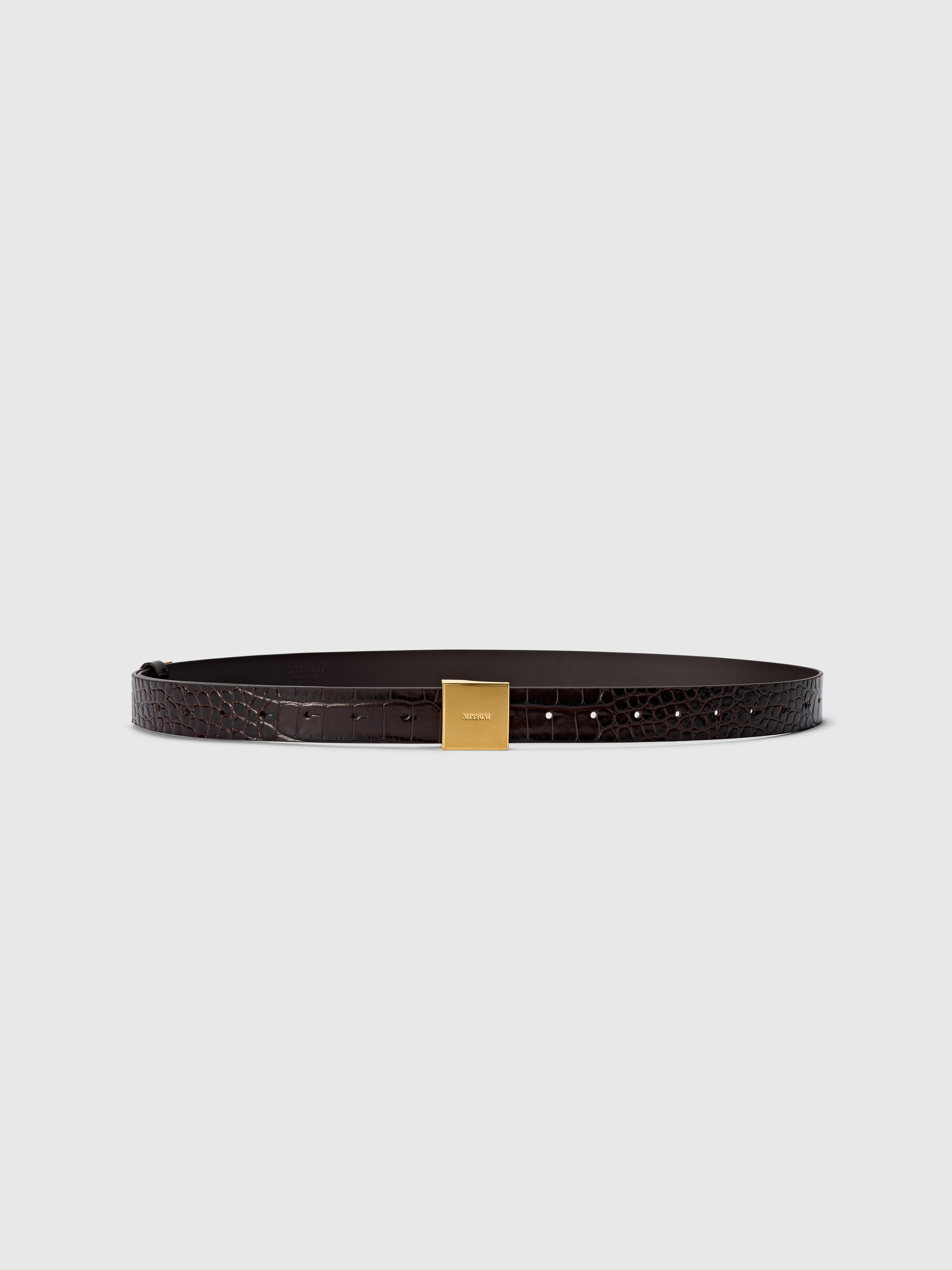 Faux croccodile leather patterned belt, Brown - 1