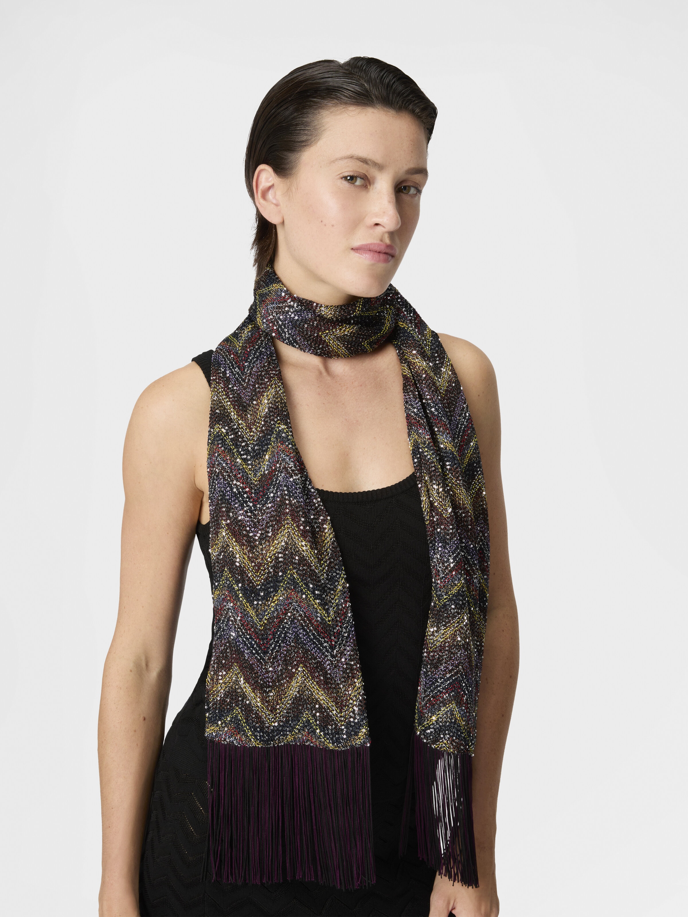 Lamé knit scarf with fringes and sequins Multicoloured | Missoni
